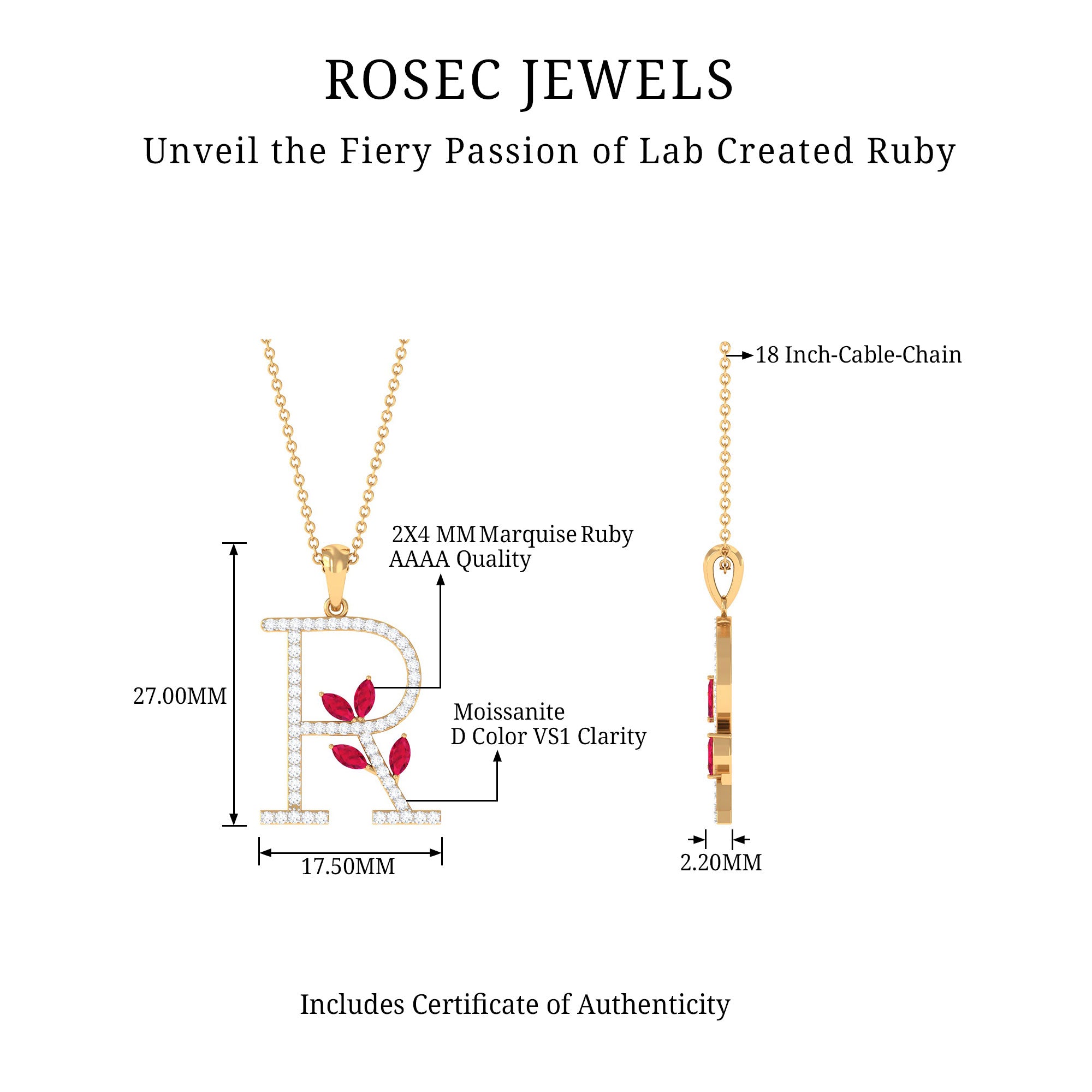 Moissanite R Initial Pendant Necklace With Lab Grown Ruby Lab Created Ruby - ( AAAA ) - Quality - Rosec Jewels