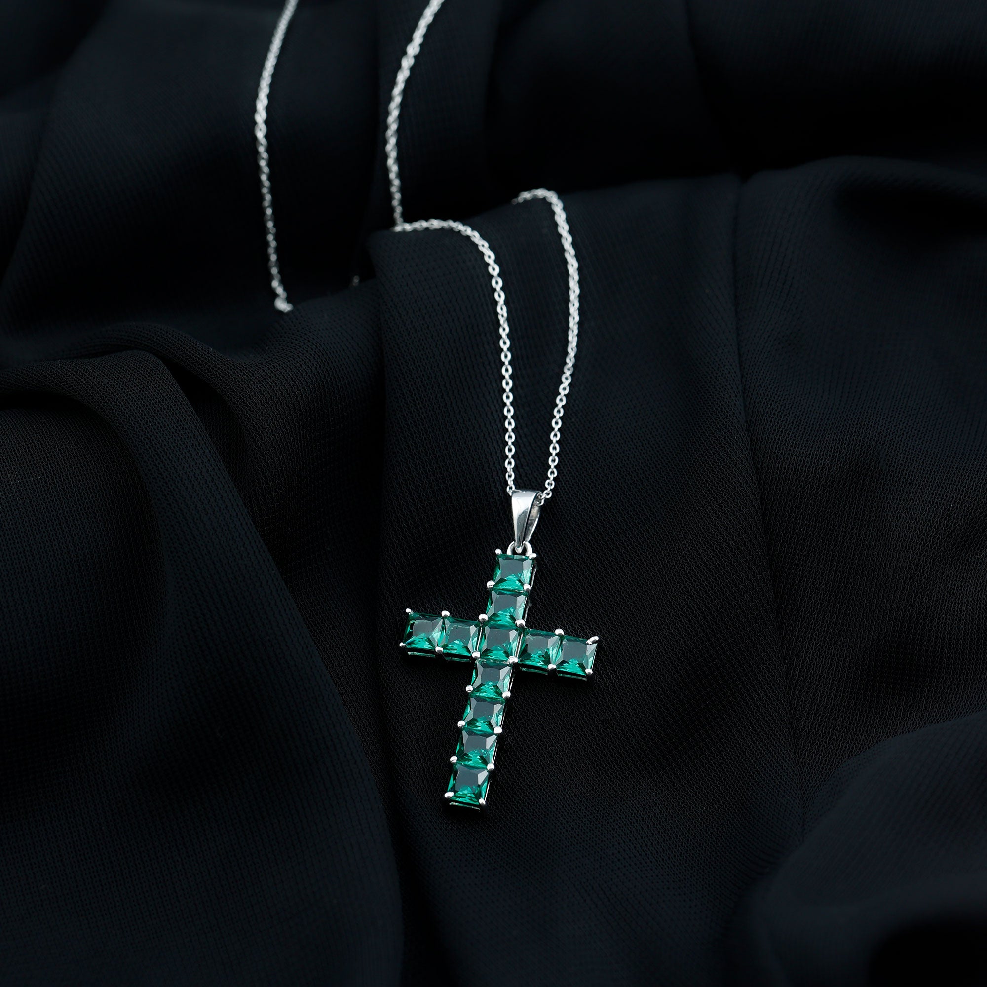 3.5 CT Lab Created Emerald Cross Pendant Necklace in Silver - Rosec Jewels