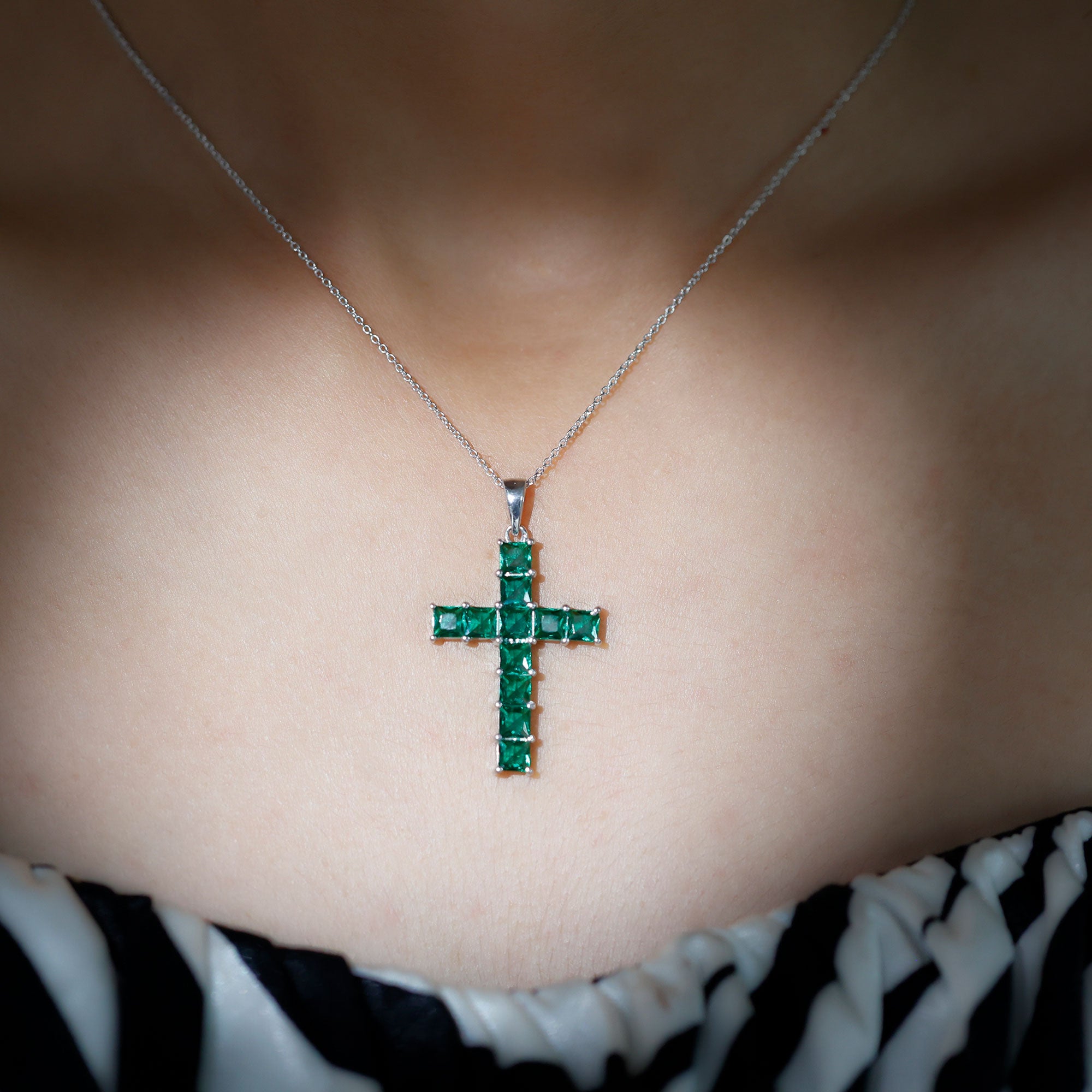 3.5 CT Lab Created Emerald Cross Pendant Necklace in Silver - Rosec Jewels