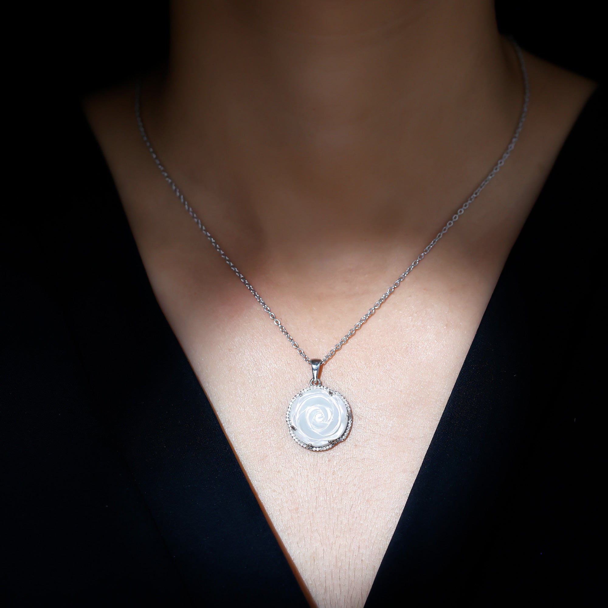 Mother of Pearl Rose Flower Pendant Necklace - Rosec Jewels