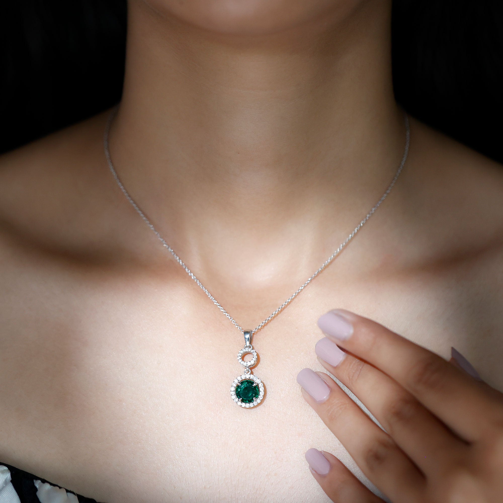 2.75 CT Certified Lab Created Emerald Silver Dangle Necklace with Zircon Lab Created Emerald - ( AAAA ) - Quality 92.5 Sterling Silver - Rosec Jewels