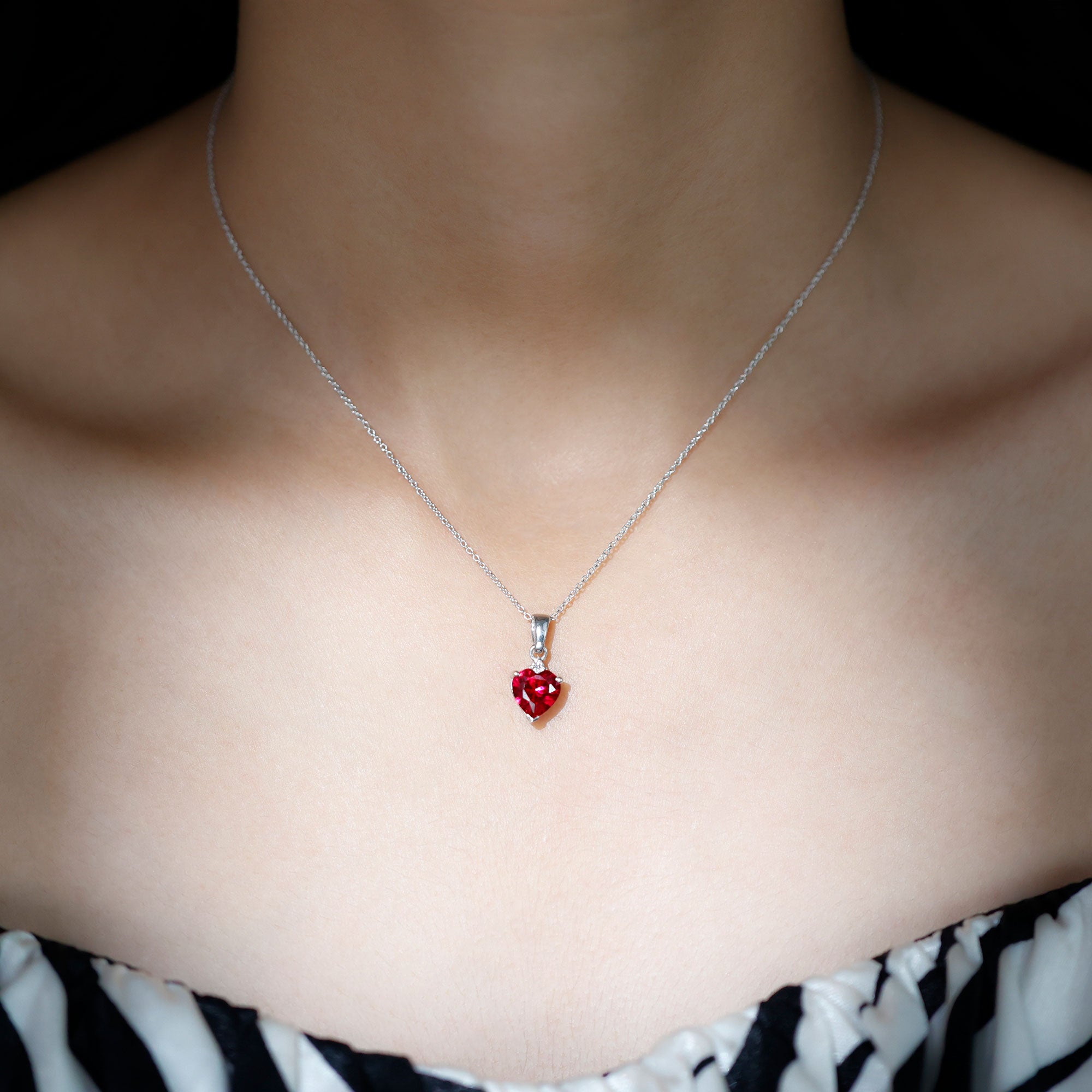 2 CT Created Ruby Silver Heart Pendant Necklace with Zircon - Rosec Jewels