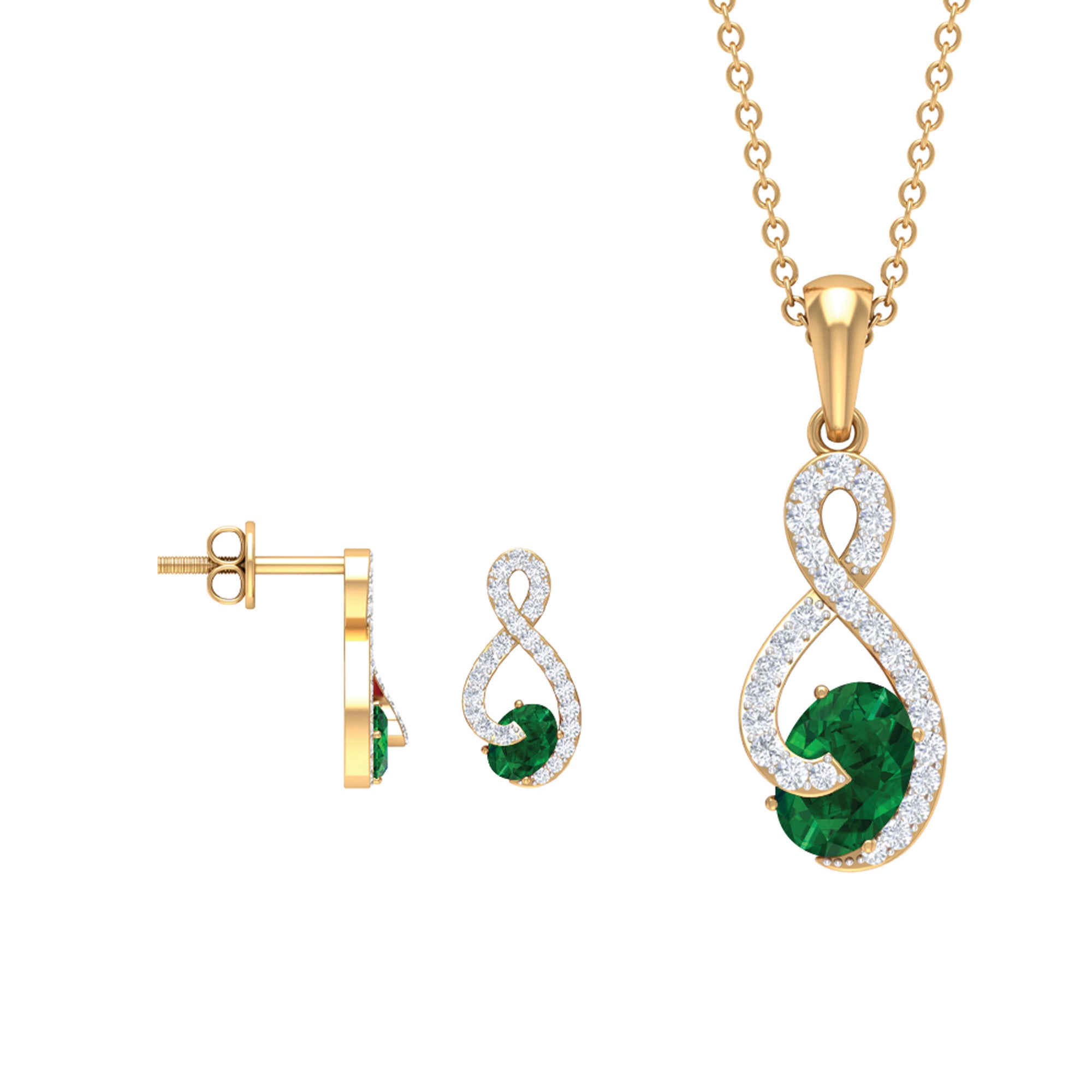 Infinity Jewelry Set with Oval Shape Emerald and Diamond Emerald - ( AAA ) - Quality - Rosec Jewels