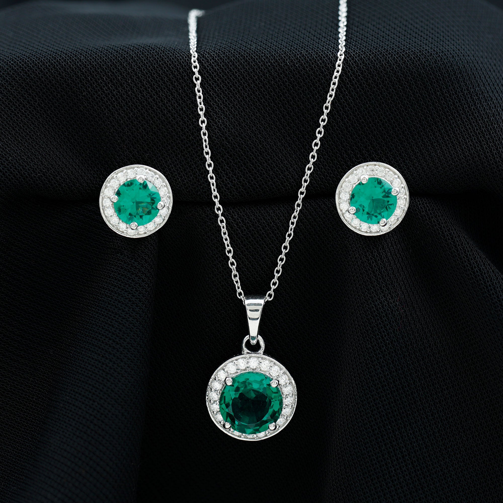 4.75 CT Classic Created Emerald Silver Halo Jewelry Set with Zircon - Rosec Jewels