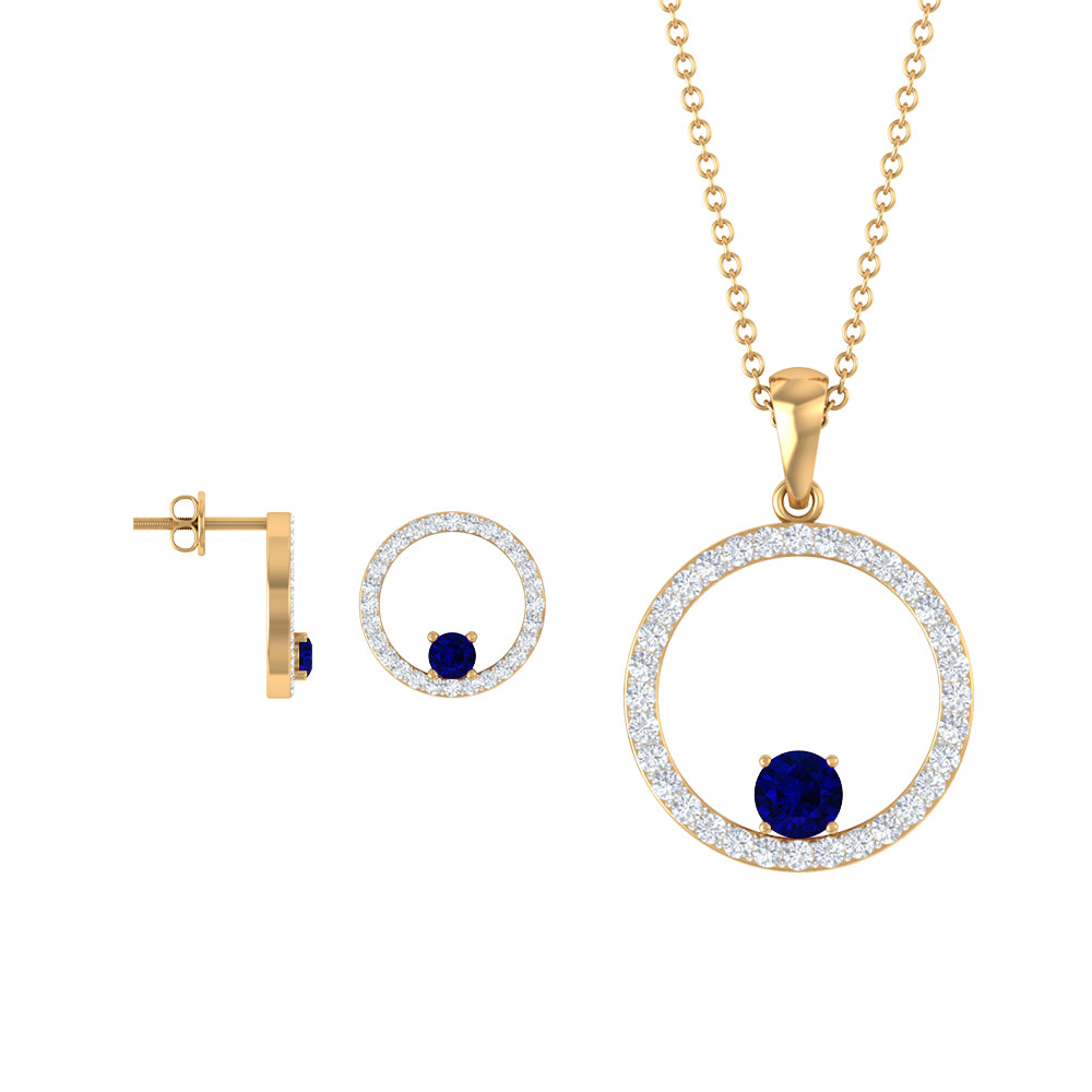 Created Blue Sapphire Eternity Pendant And Earrings Set With Moissanite Lab Created Blue Sapphire - ( AAAA ) - Quality - Rosec Jewels