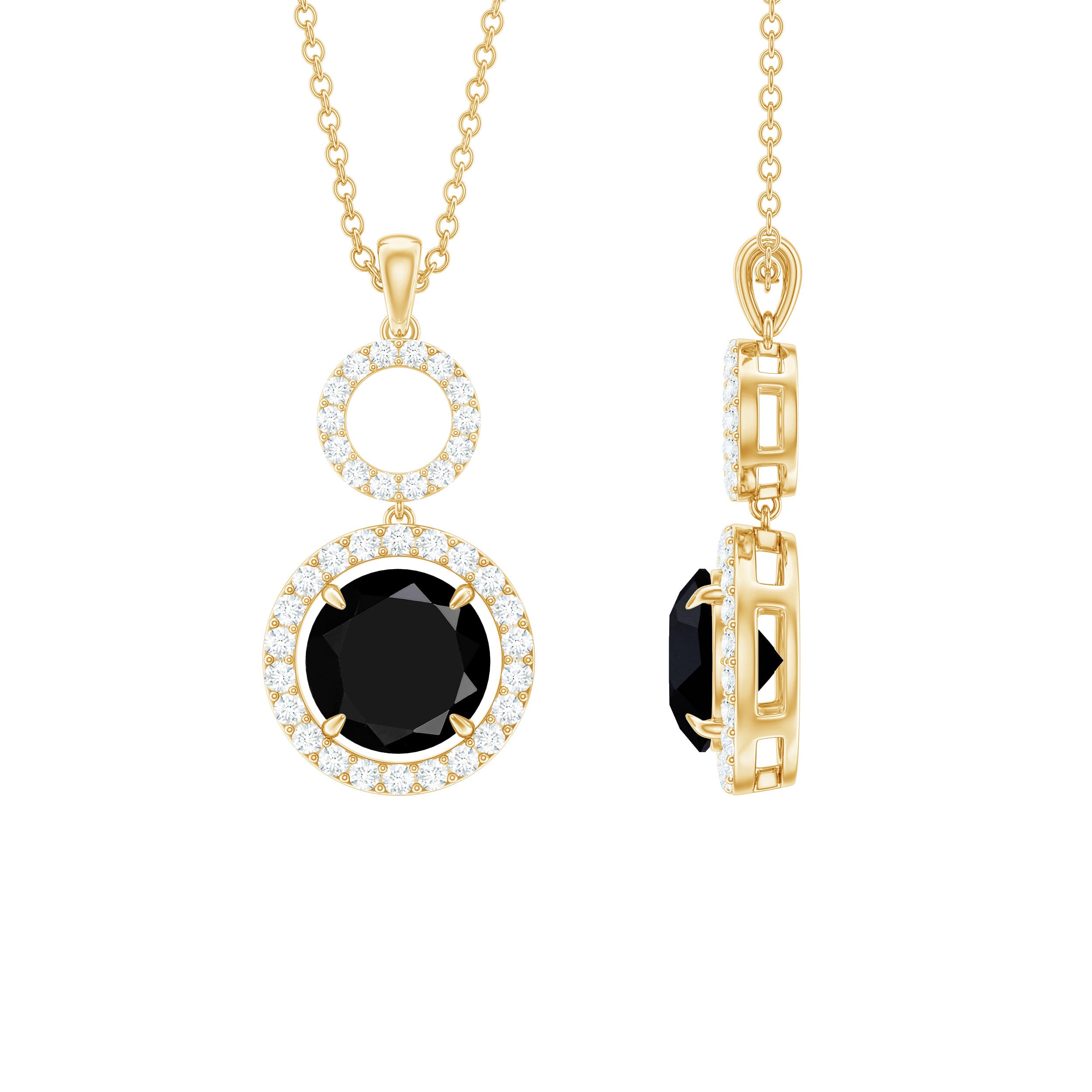 Black Onyx and Diamond Halo Dangle Pendant Necklace Black Onyx - ( AAA ) - Quality - Rosec Jewels