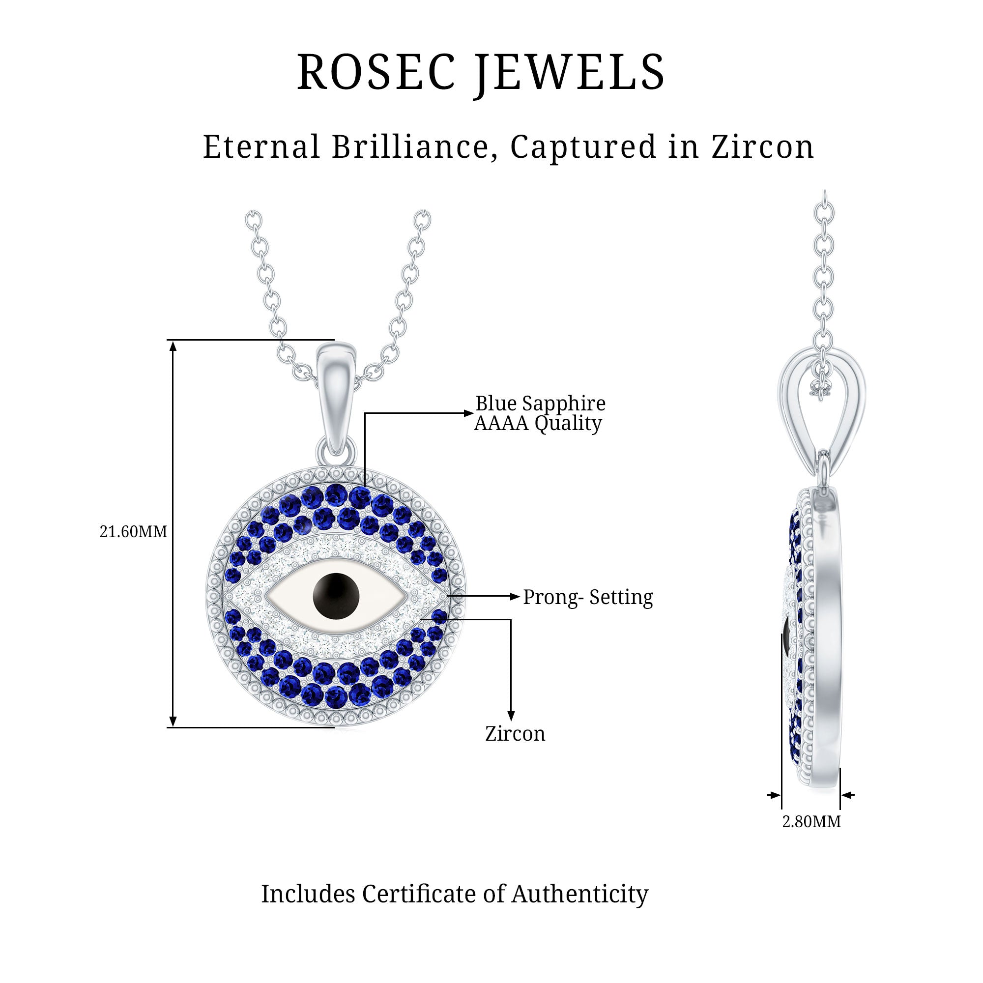 3/4 CT Created Blue Sapphire and Zircon Evil Eye Pendant Necklace Zircon - ( AAAA ) - Quality - Rosec Jewels