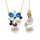 Blue Topaz and Sapphire Cocktail Floral Necklace with Freshwater Pearl Freshwater Pearl - ( AAA ) - Quality - Rosec Jewels