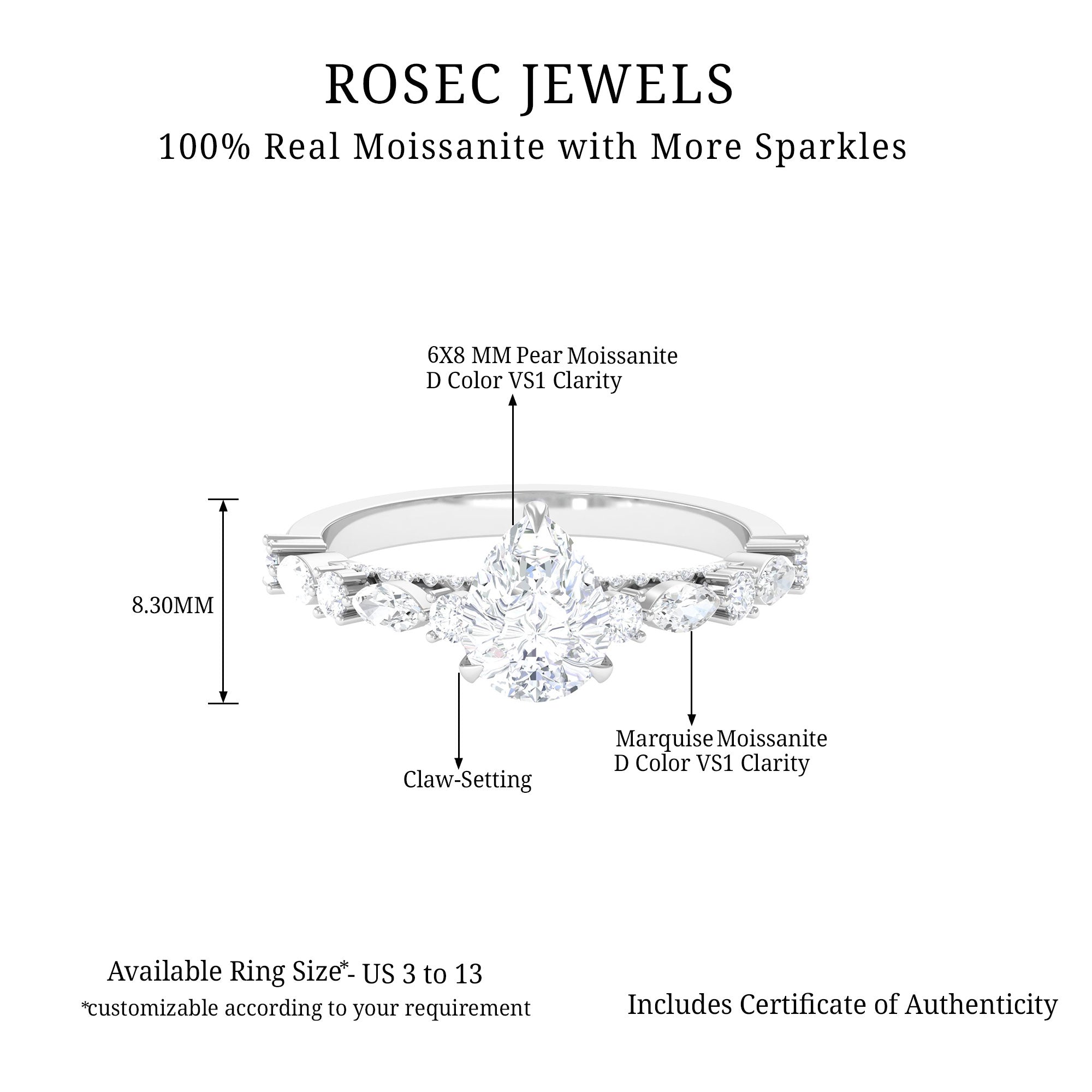 Solitaire Moissanite Teardrop Engagement Ring with Surprise Band Moissanite - ( D-VS1 ) - Color and Clarity - Rosec Jewels