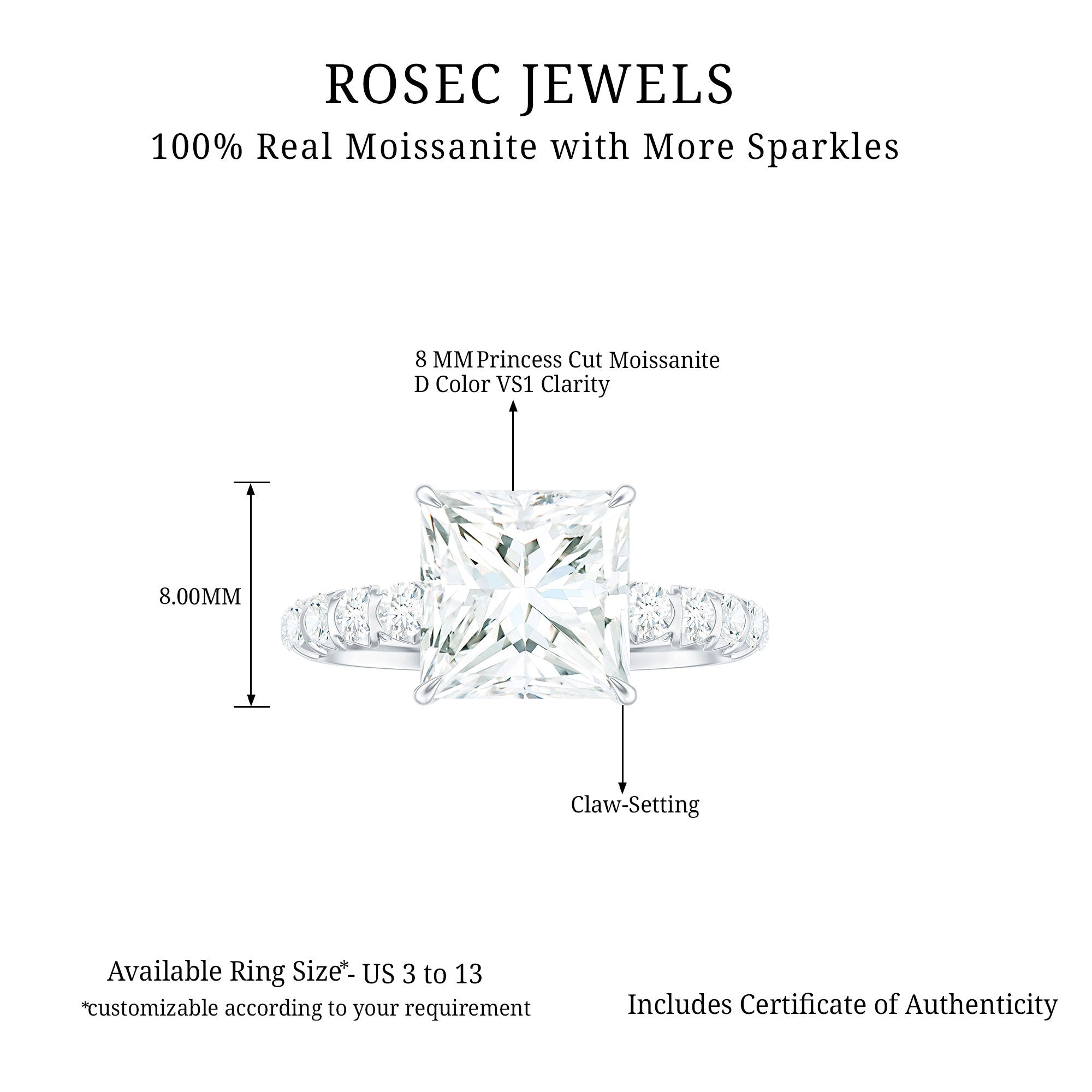 Rosec Jewels-Princess Cut Moissanite Solitaire Engagement Ring with Side Stones