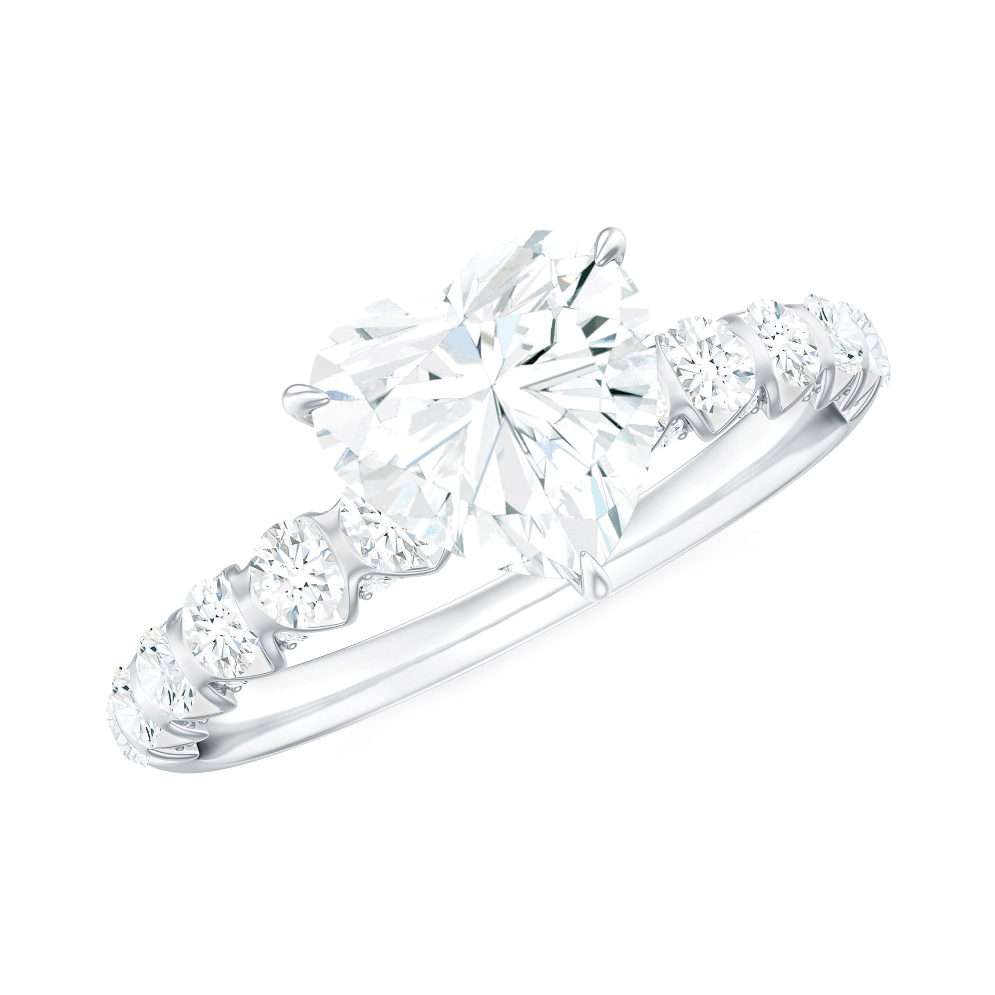 Rosec Jewels-Heart Shape Moissanite Solitaire Engagement Ring with Side Stones