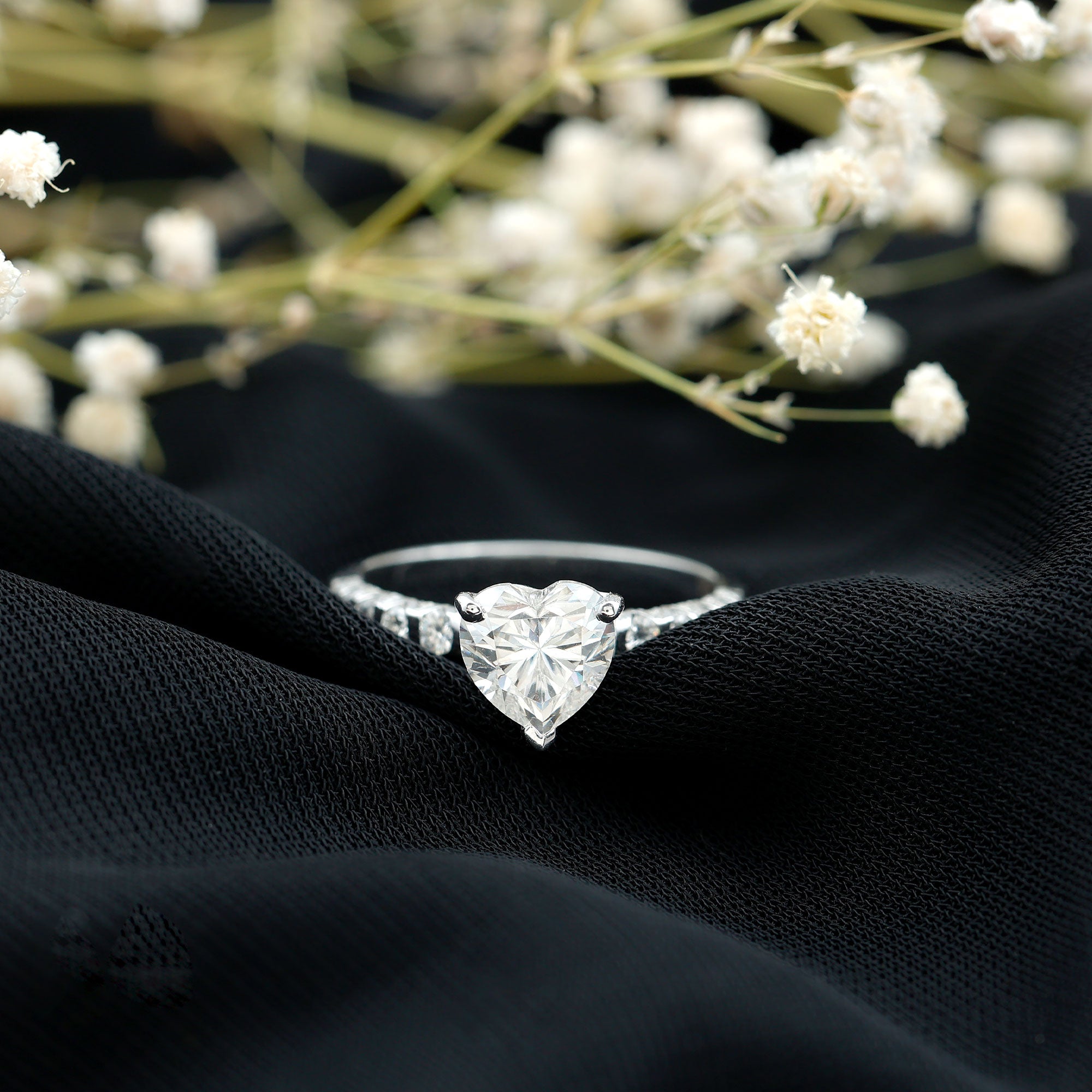 Rosec Jewels-Heart Shape Moissanite Solitaire Engagement Ring with Side Stones