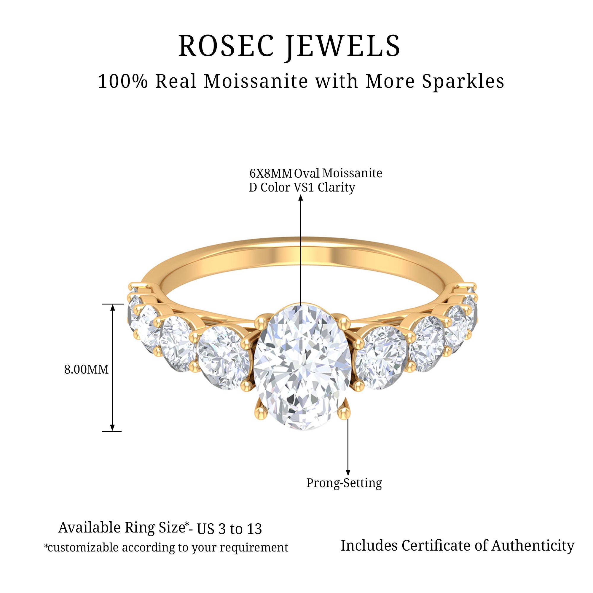 2.75 CT Oval Cut Moissanite Solitaire Ring with Side Stones Moissanite - ( D-VS1 ) - Color and Clarity - Rosec Jewels