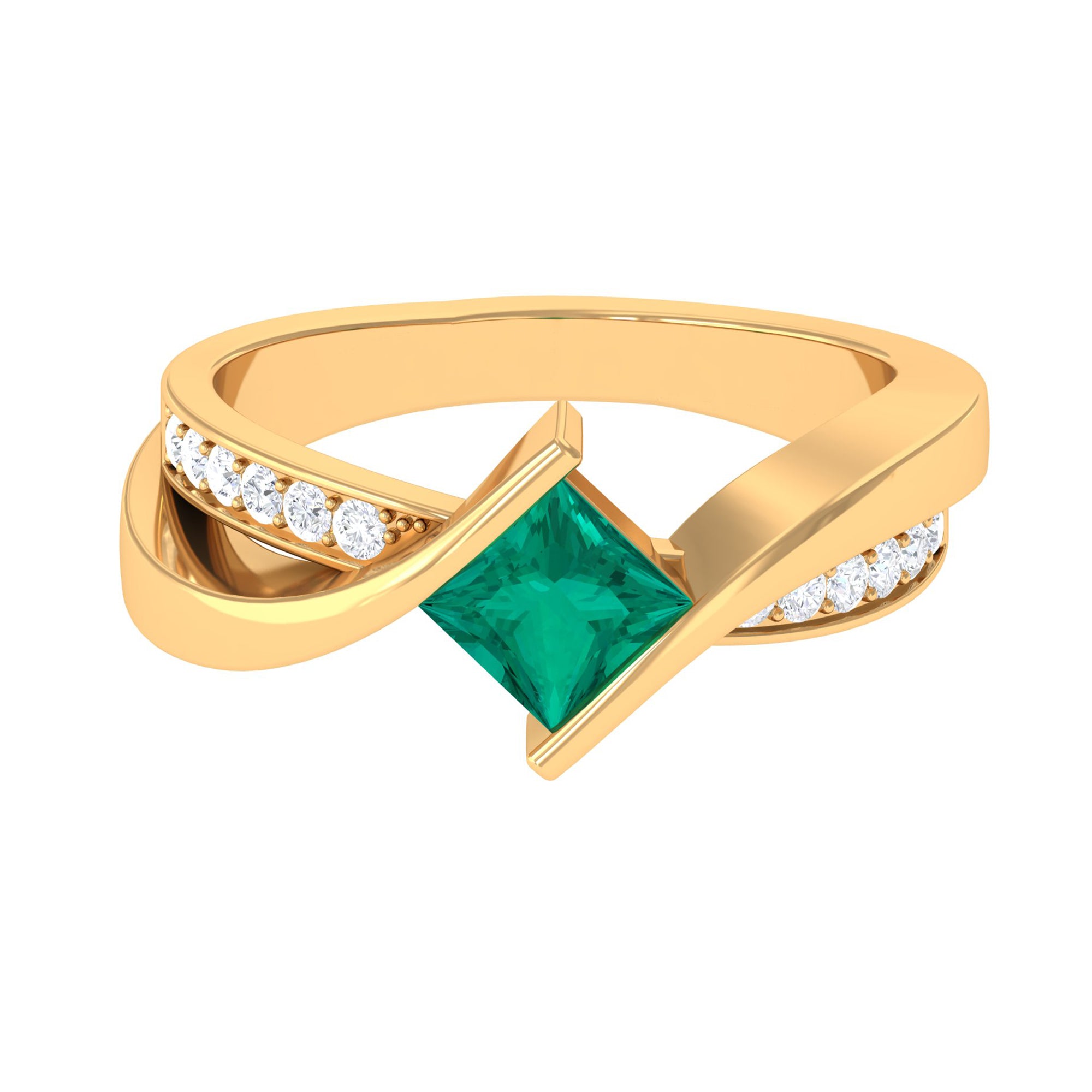 Princess Cut Lab Grown Emerald Bypass Engagement Ring with Diamond Lab Created Emerald - ( AAAA ) - Quality - Rosec Jewels