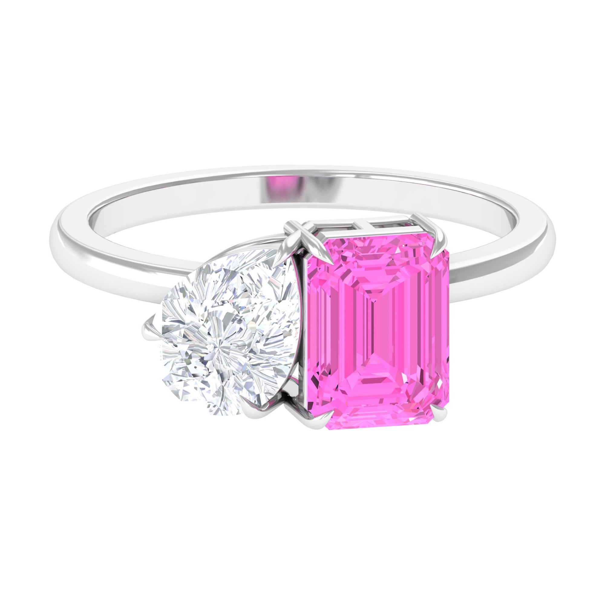 Toi Et Moi Ring with Created Pink Sapphire and Moissanite Lab Created Pink Sapphire - ( AAAA ) - Quality - Rosec Jewels