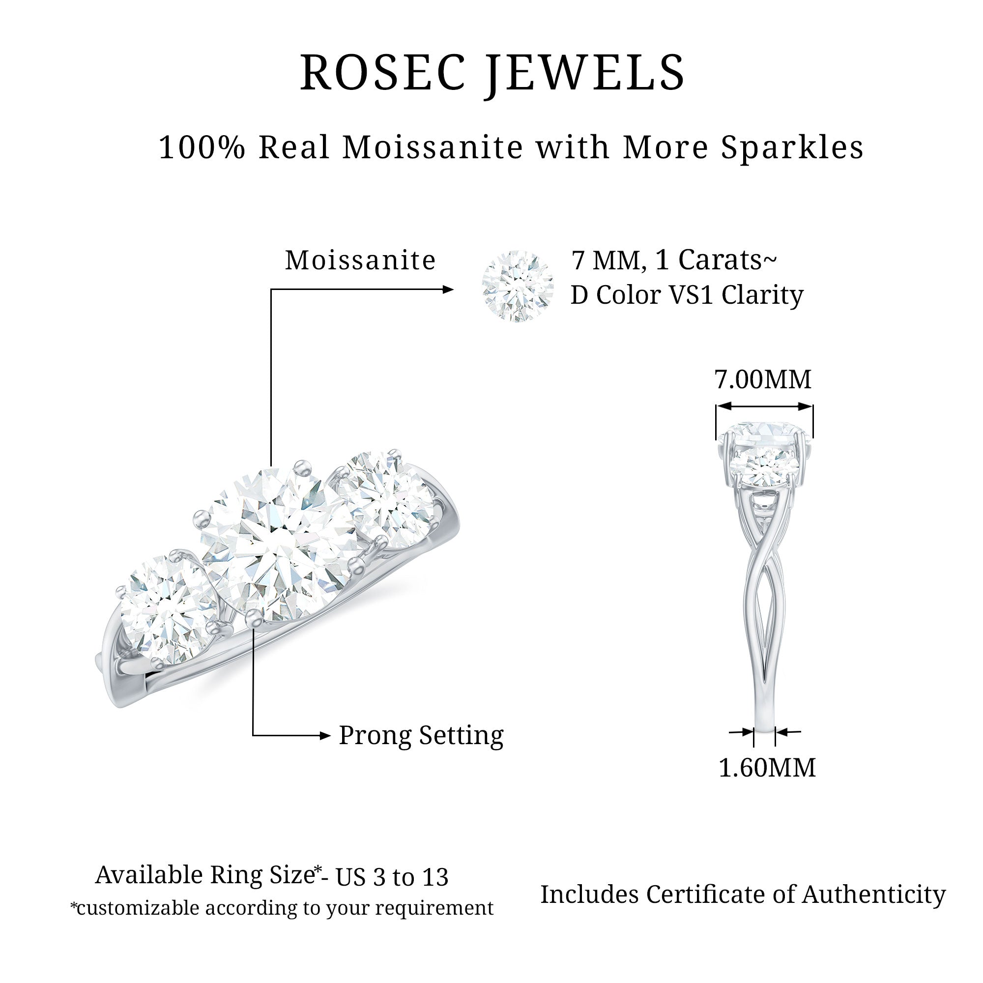 Rosec Jewels-3 Stone Round Moissanite Crossover Engagement Ring