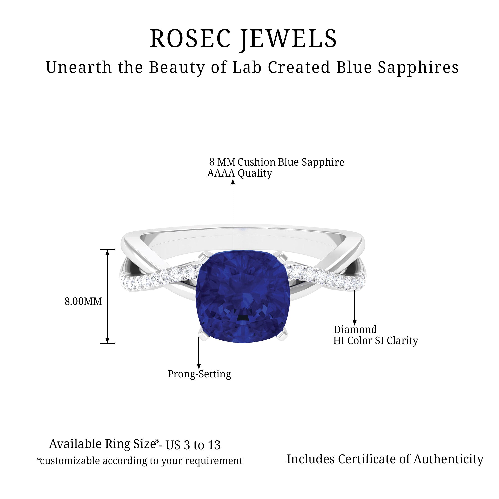 Cushion Cut Solitaire Lab Grown Blue Sapphire Infinity Engagement Ring Lab Created Blue Sapphire - ( AAAA ) - Quality - Rosec Jewels