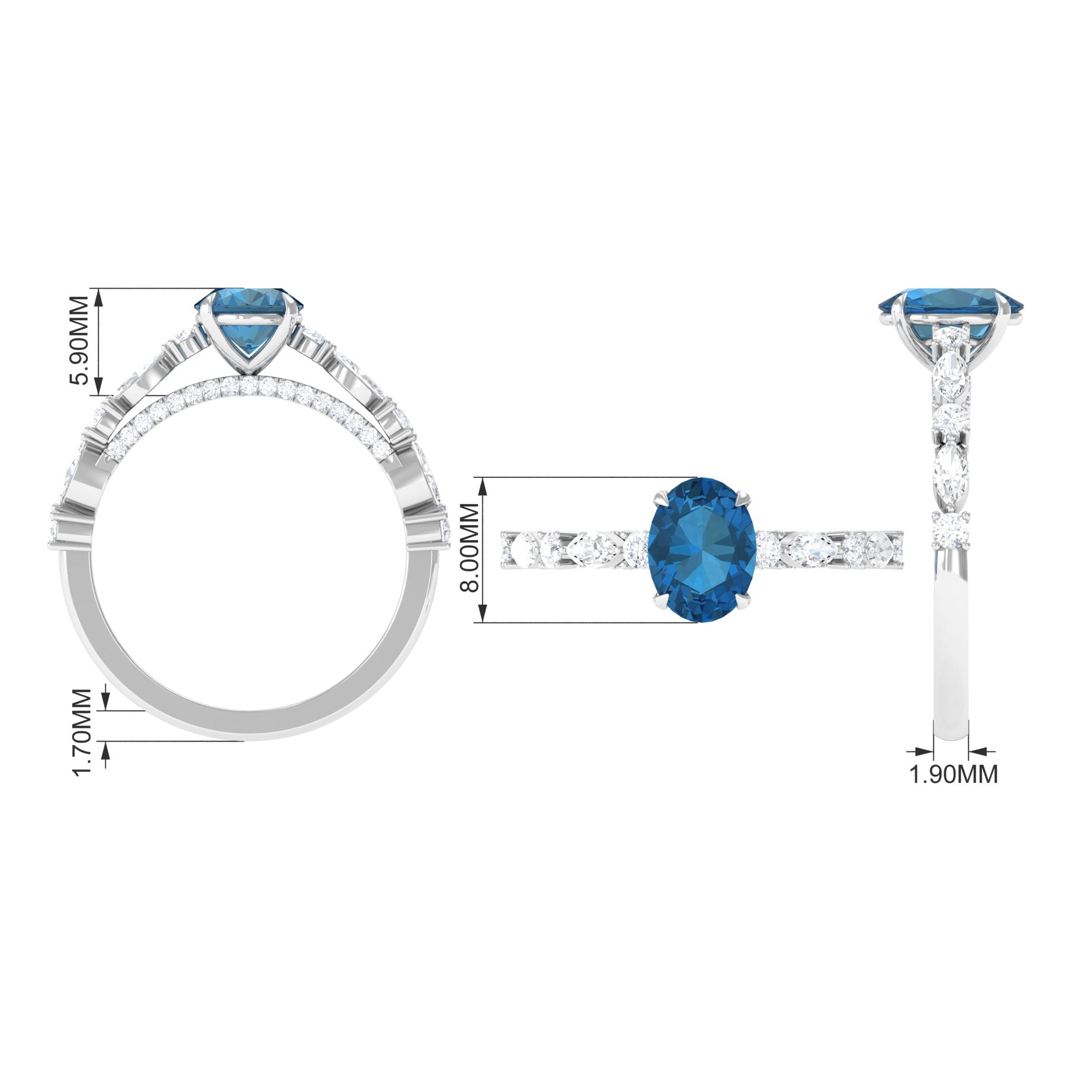 2.25 CT Solitaire Accent Ring with Created London Blue Topaz and Diamond London Blue Topaz - ( AAA ) - Quality - Rosec Jewels