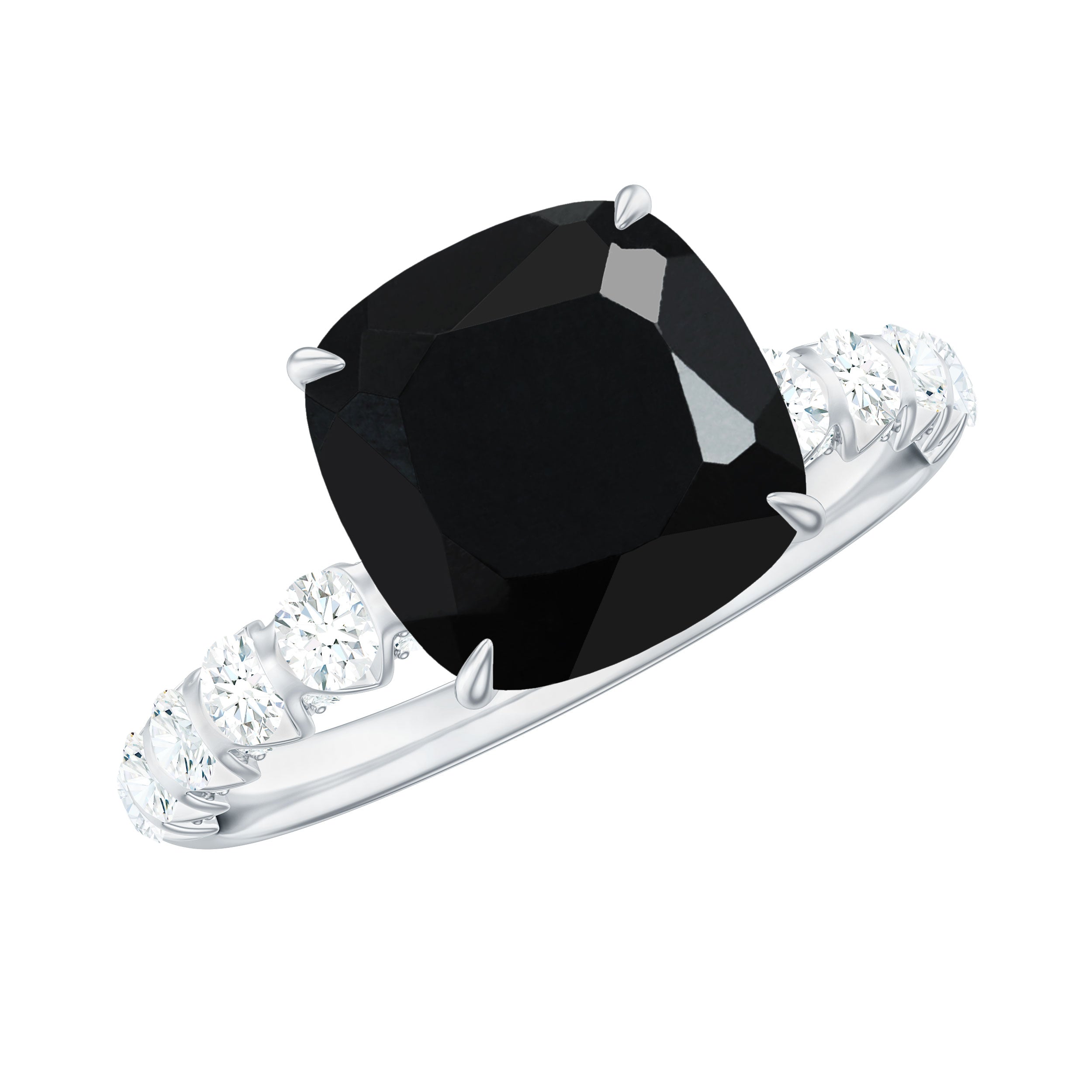 Cushion Cut Created Black Diamond and Diamond Solitaire Ring Lab Created Black Diamond - ( AAAA ) - Quality - Rosec Jewels