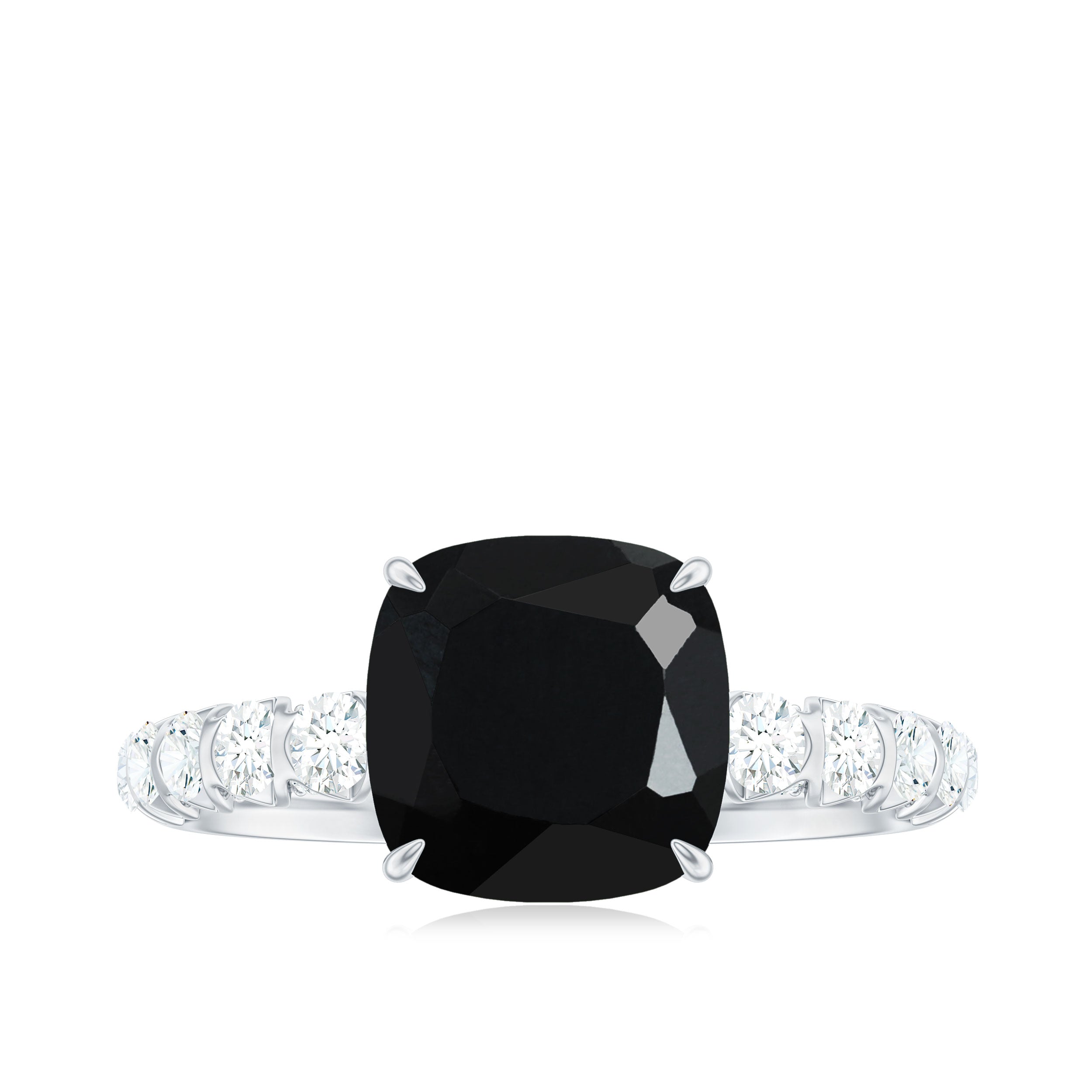 Cushion Cut Created Black Diamond and Diamond Solitaire Ring Lab Created Black Diamond - ( AAAA ) - Quality - Rosec Jewels