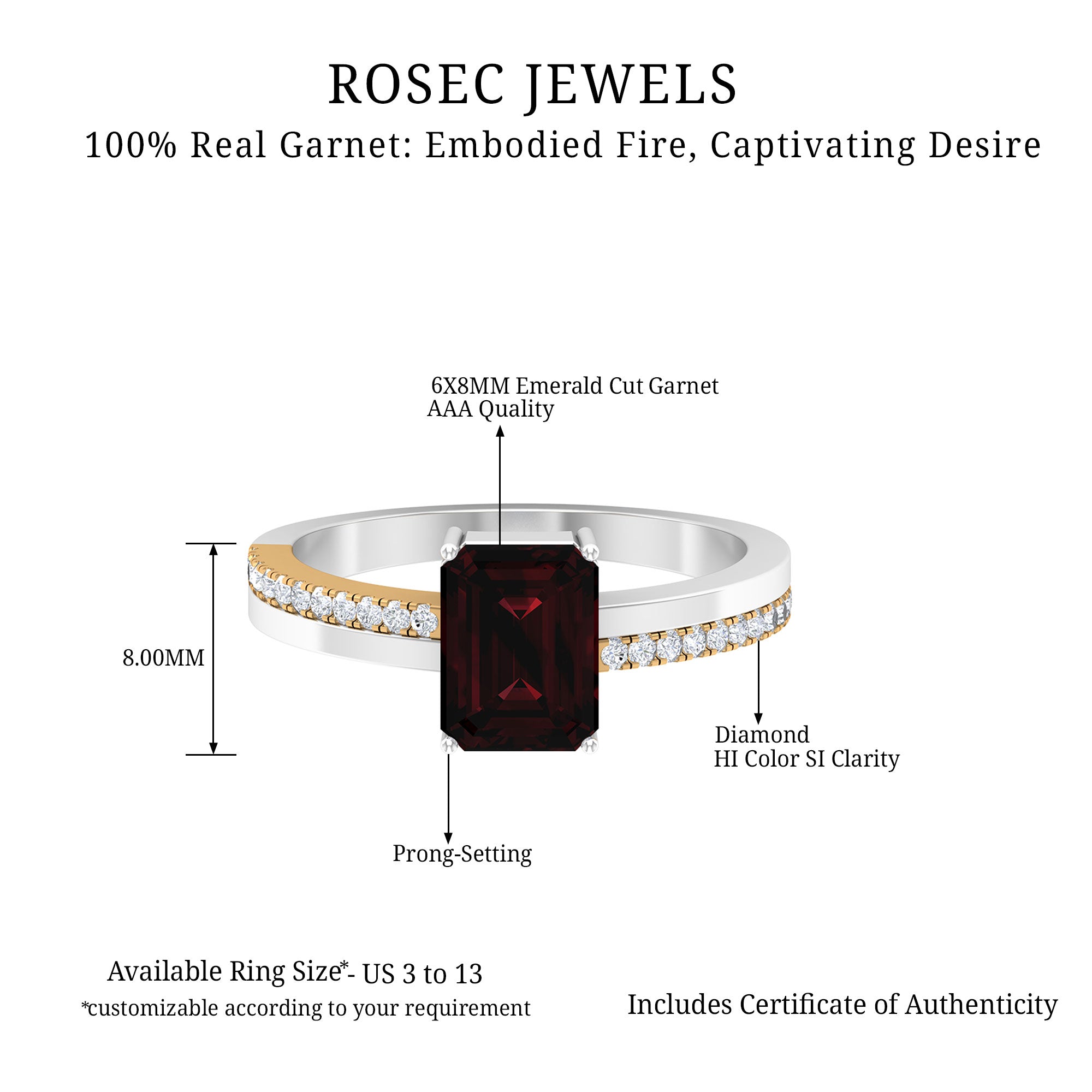 1.75 CT Garnet Two Tone Solitaire Ring with Diamond Garnet - ( AAA ) - Quality - Rosec Jewels