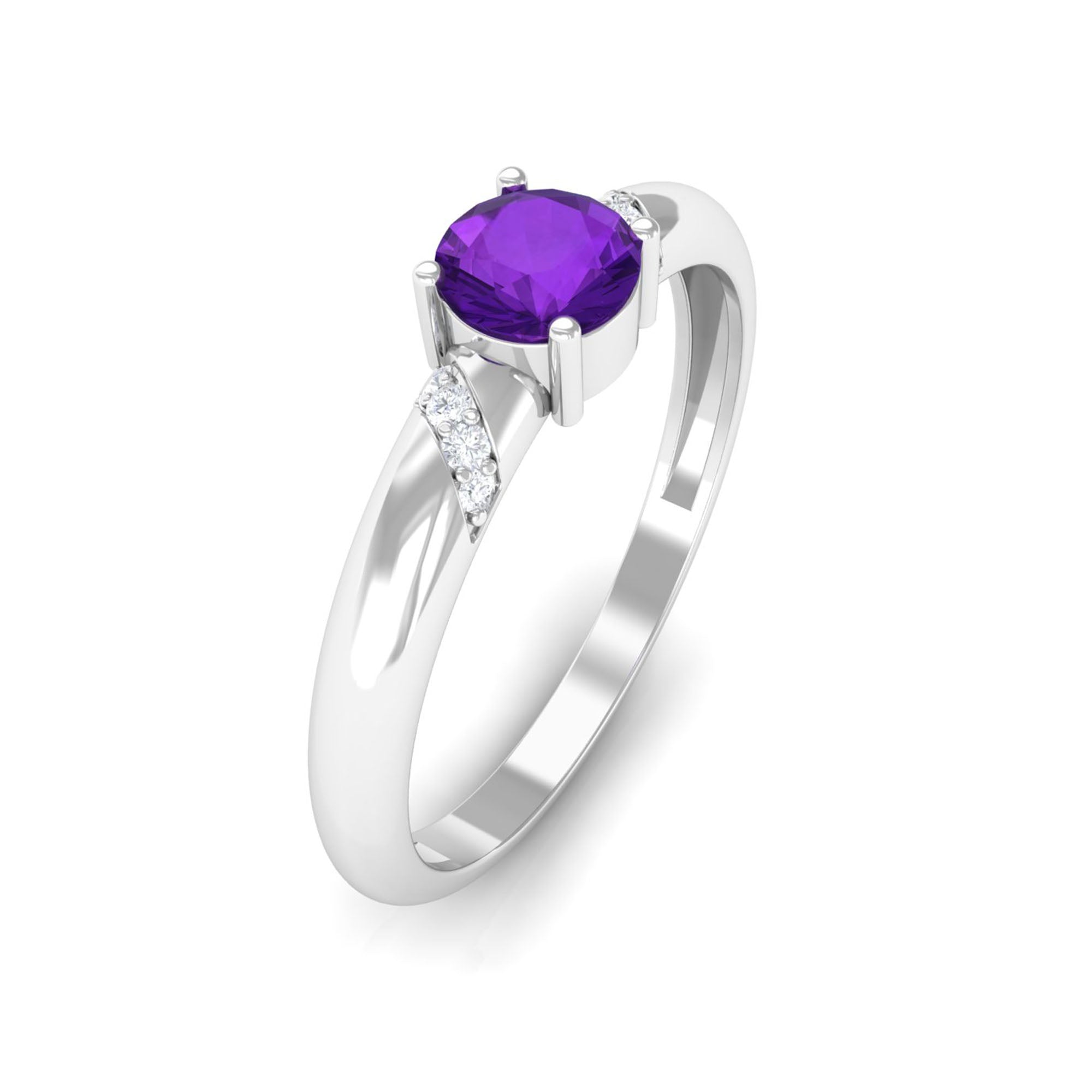 Round Amethyst Solitaire Promise Ring with Diamond Amethyst - ( AAA ) - Quality - Rosec Jewels