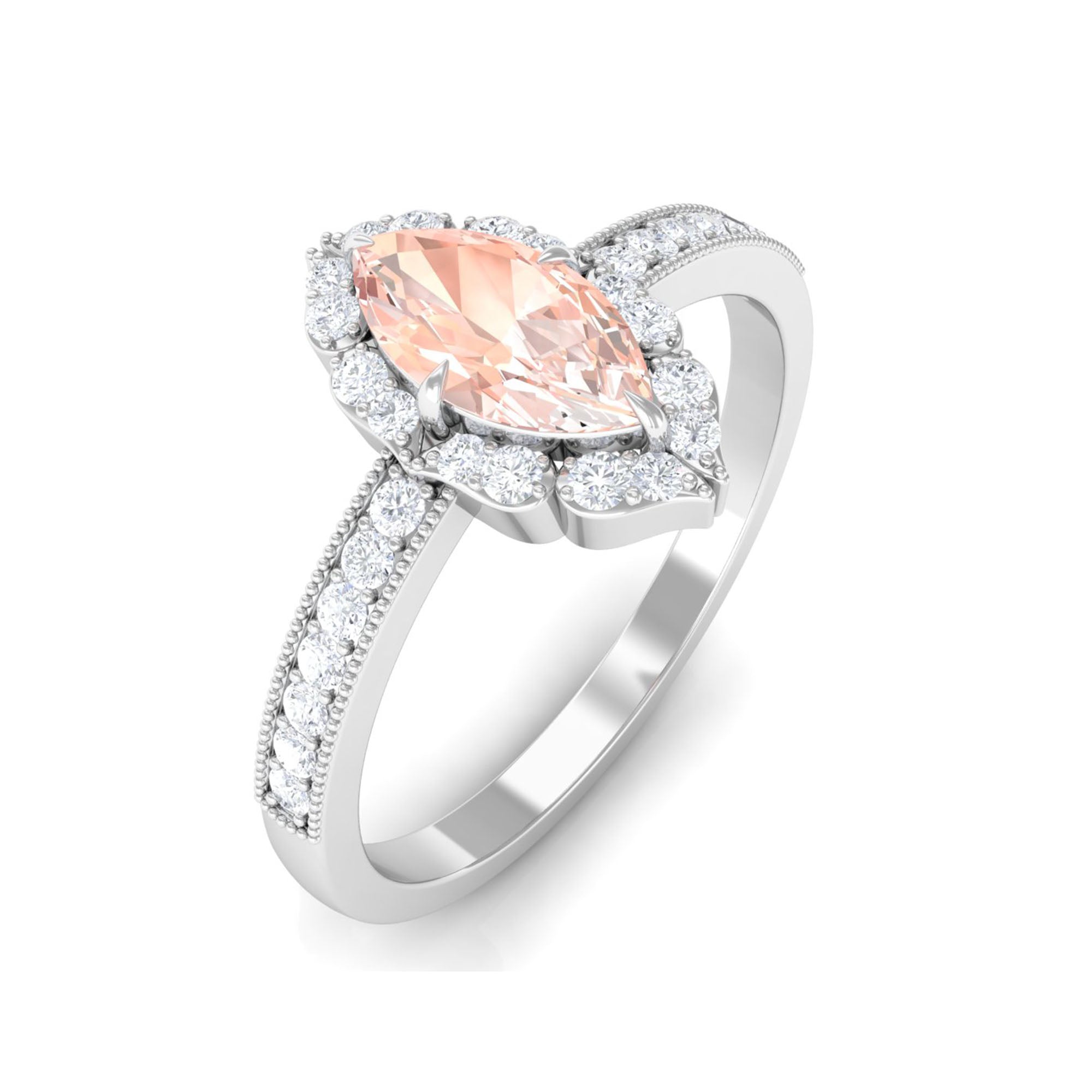 1 Ct Marquise Morganite Engagement Ring with Halo Diamond Morganite - ( AAA ) - Quality - Rosec Jewels