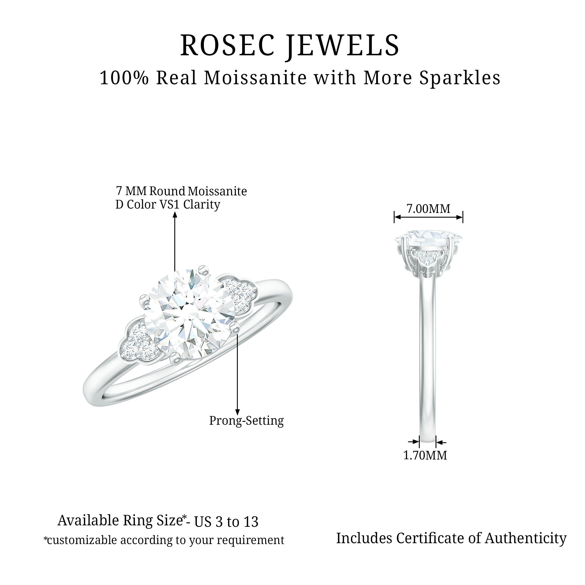 6.50 MM Prong Set Trio Solitaire Moissanite Engagement Ring Moissanite - ( D-VS1 ) - Color and Clarity - Rosec Jewels