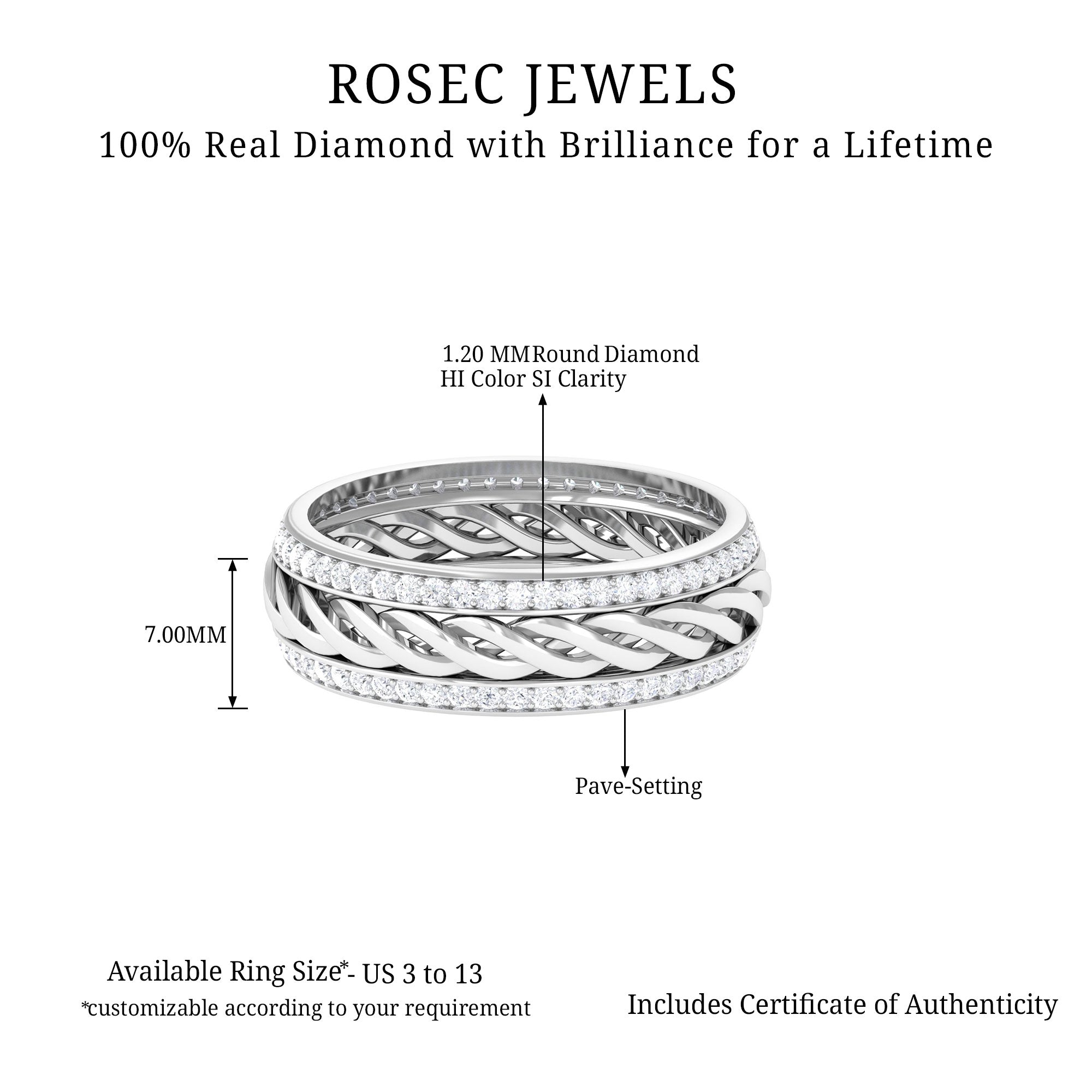 Round Diamond Twisted Rope Band Ring Diamond - ( HI-SI ) - Color and Clarity - Rosec Jewels