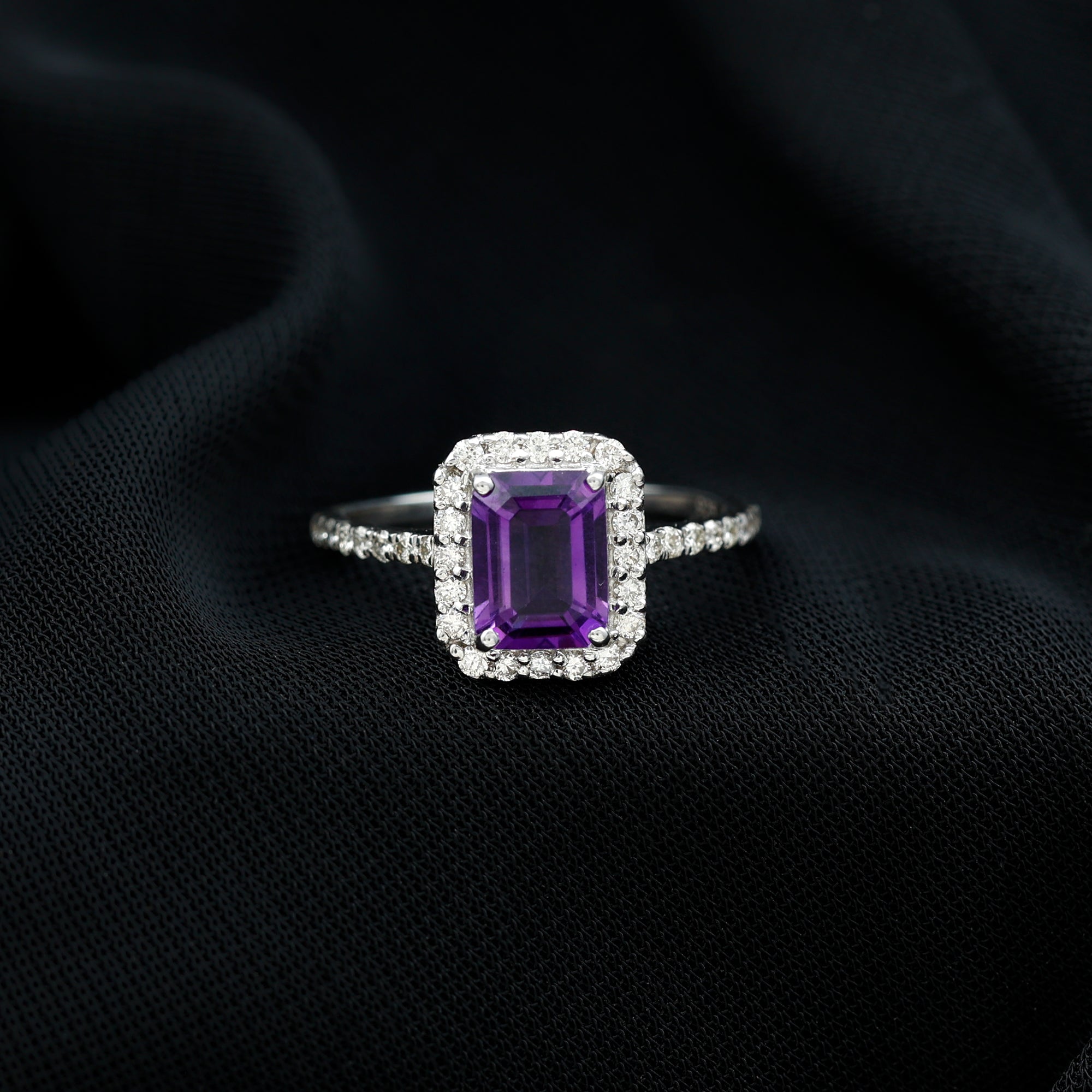 2.25 CT Octagon Cut Amethyst Solitaire Ring with Diamond Side Stones Amethyst - ( AAA ) - Quality - Rosec Jewels