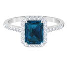 Emerald Cut London Blue Topaz Halo Engagement Ring with Diamond London Blue Topaz - ( AAA ) - Quality - Rosec Jewels