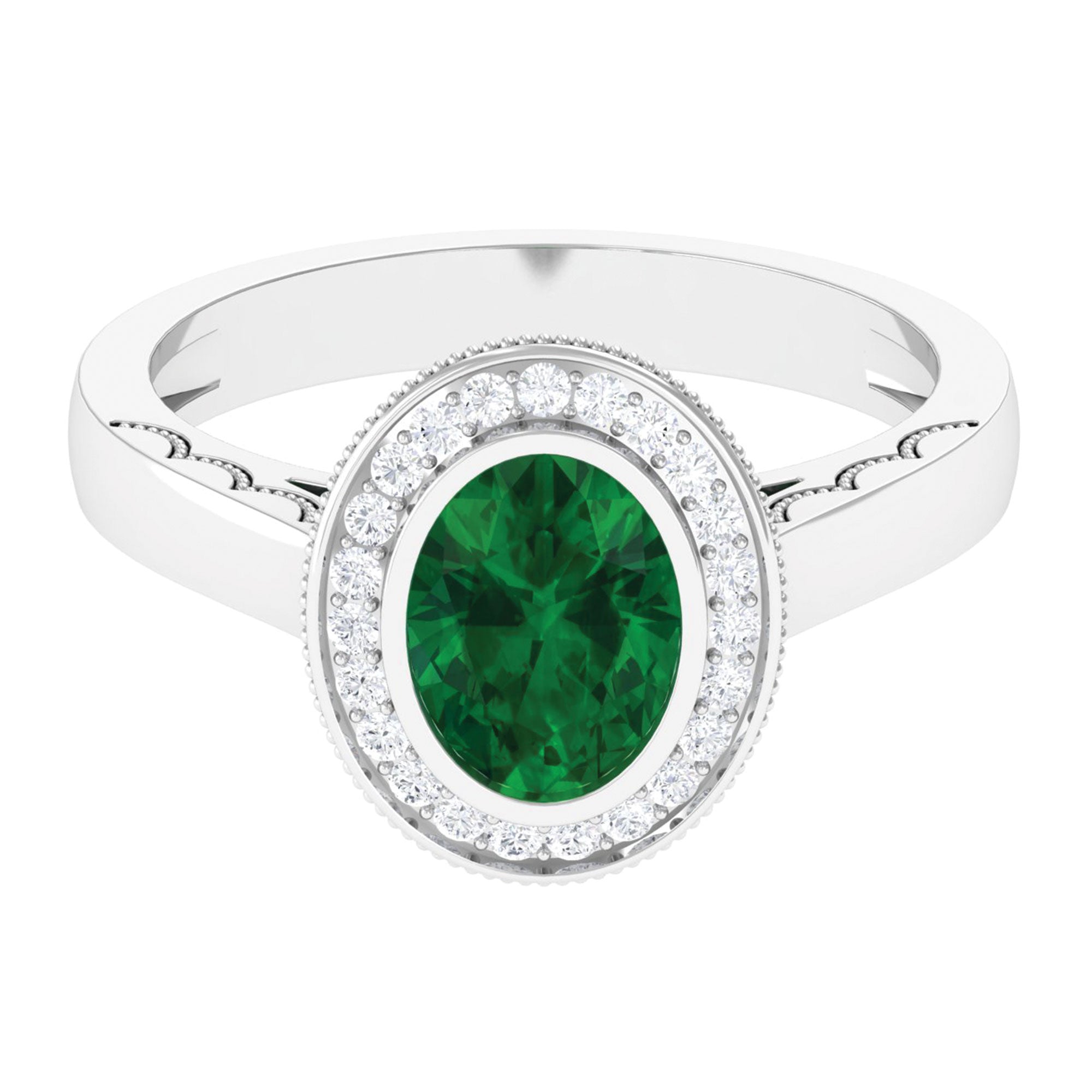 Oval Lab Grown Emerald and Diamond Halo Engagement Ring Lab Created Emerald - ( AAAA ) - Quality - Rosec Jewels