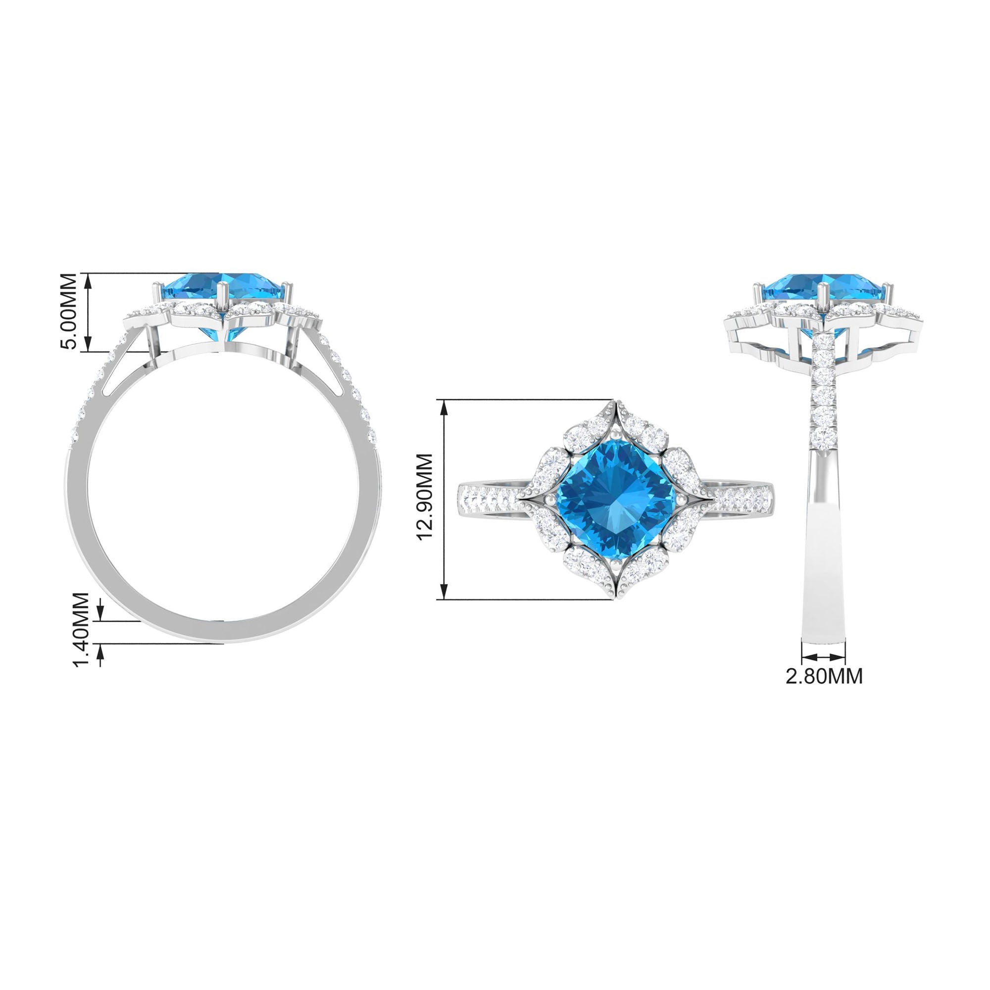 7 MM Art Deco Cushion Cut Swiss Blue Topaz Solitaire with Diamond Side Stone Ring Swiss Blue Topaz - ( AAA ) - Quality - Rosec Jewels