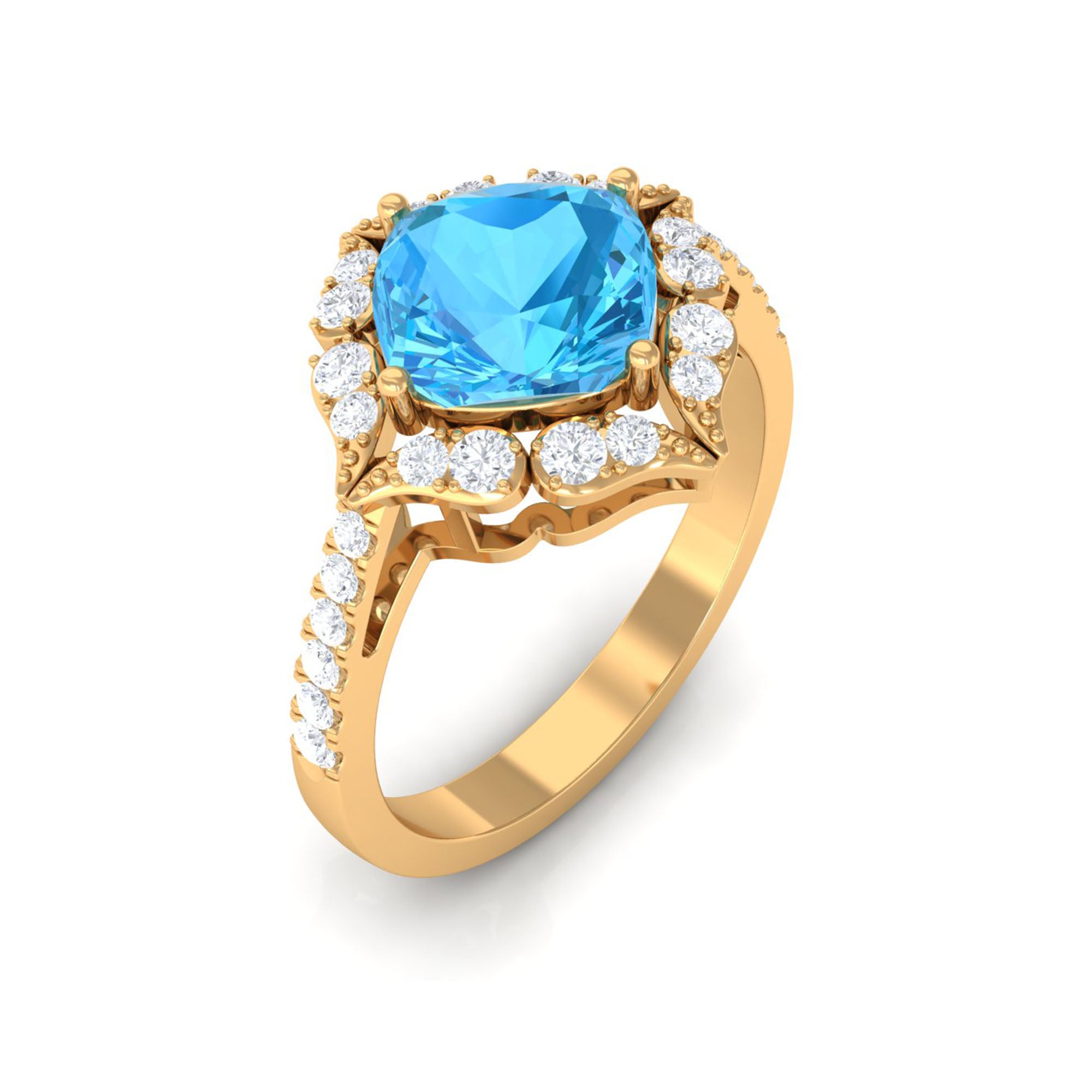 7 MM Art Deco Cushion Cut Swiss Blue Topaz Solitaire with Diamond Side Stone Ring Swiss Blue Topaz - ( AAA ) - Quality - Rosec Jewels