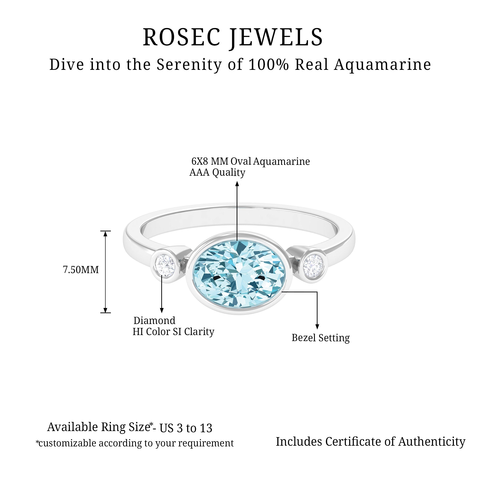 Bezel Set Aquamarine and Diamond East West Engagement Ring Aquamarine - ( AAA ) - Quality - Rosec Jewels