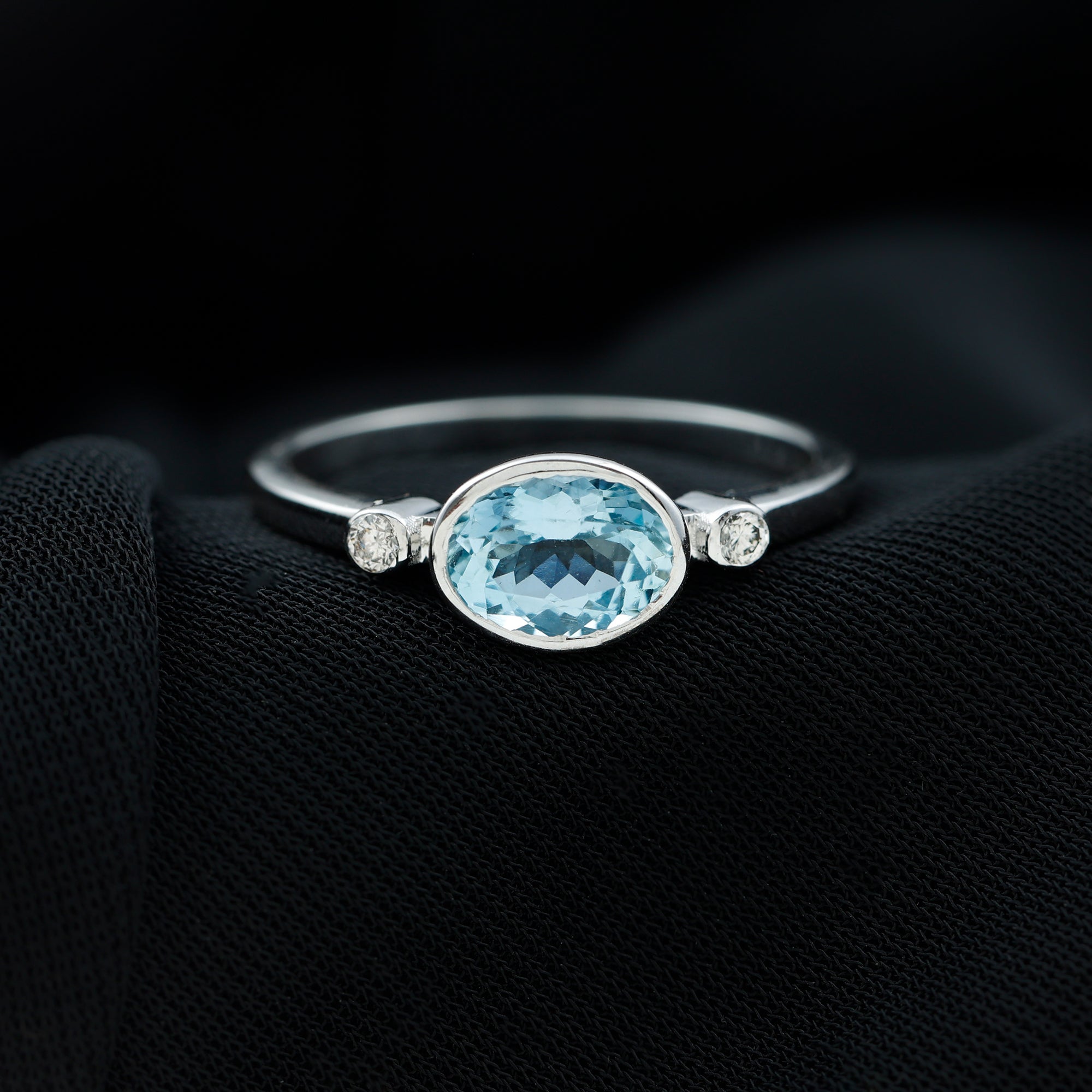 Bezel Set Aquamarine and Diamond East West Engagement Ring Aquamarine - ( AAA ) - Quality - Rosec Jewels