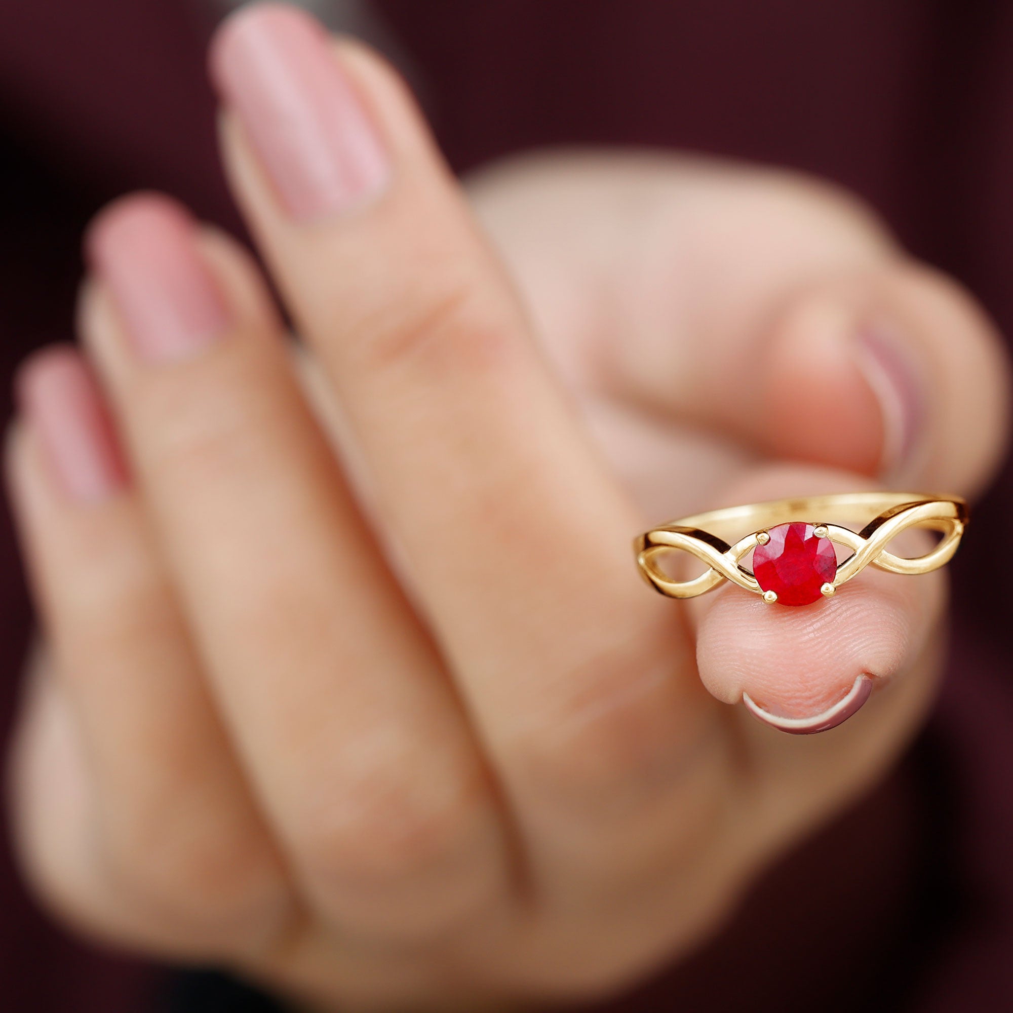 Round Ruby Solitaire Promise Ring in Crossover Shank Ruby - ( AAA ) - Quality - Rosec Jewels