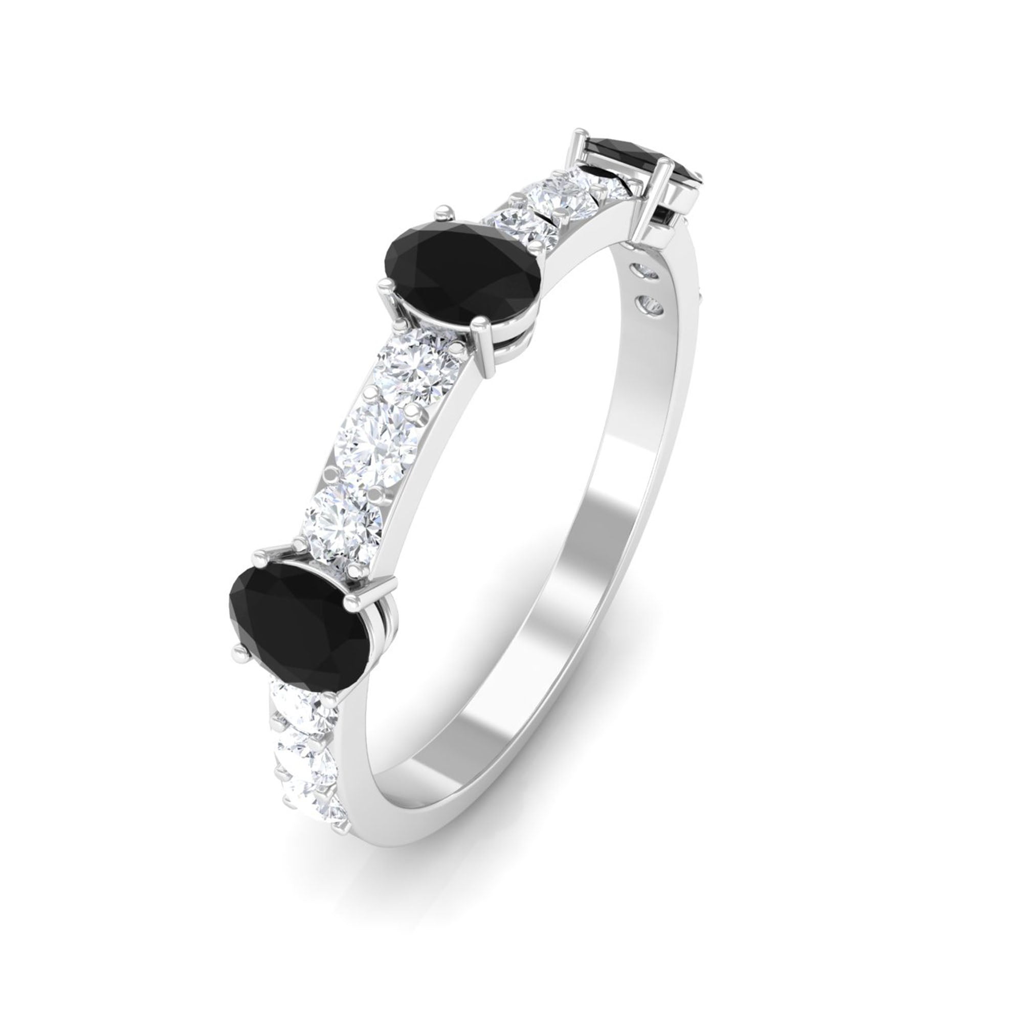 Black Onyx Oval Half Eternity Band with Diamond Black Onyx - ( AAA ) - Quality - Rosec Jewels