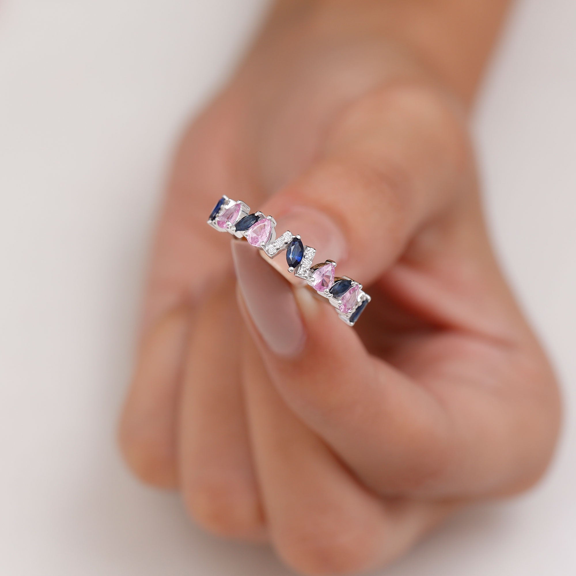 Tilted Created Pink and Created Blue Sapphire Half Eternity Ring with Moissanite Lab Created Pink Sapphire - ( AAAA ) - Quality - Rosec Jewels