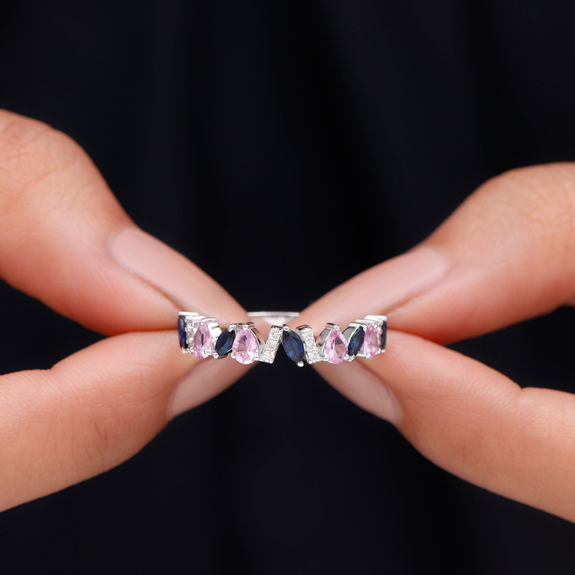 Tilted Created Pink and Created Blue Sapphire Half Eternity Ring with Moissanite Lab Created Pink Sapphire - ( AAAA ) - Quality - Rosec Jewels