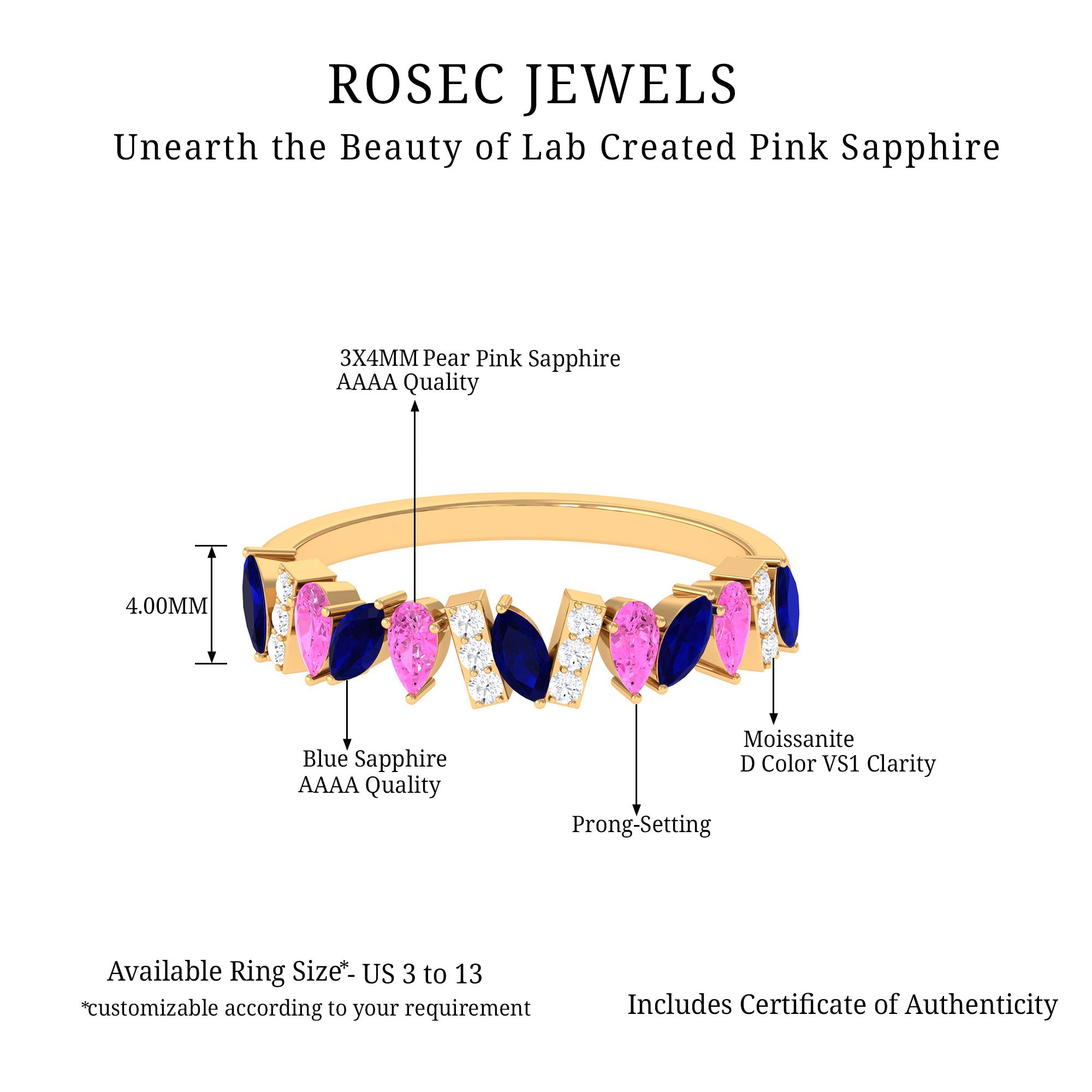 Tilted Created Pink and Created Blue Sapphire Half Eternity Ring with Moissanite Lab Created Pink Sapphire - ( AAAA ) - Quality - Rosec Jewels