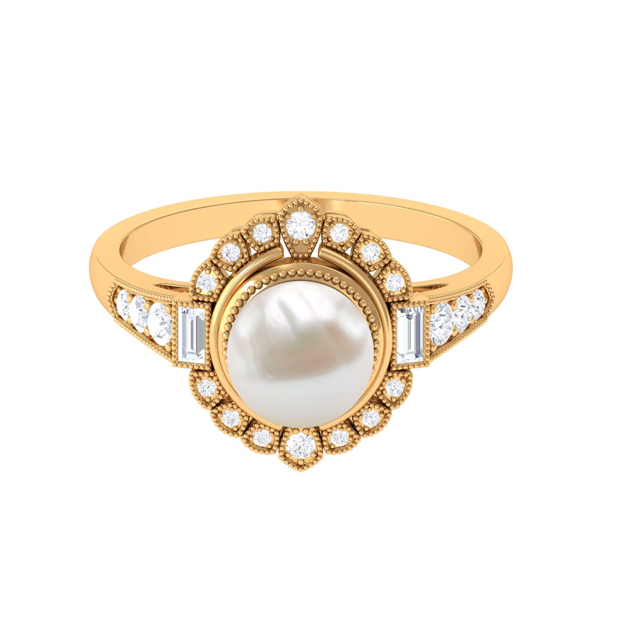 Freshwater Pearl and Diamond Cocktail Halo Ring Freshwater Pearl - ( AAA ) - Quality - Rosec Jewels