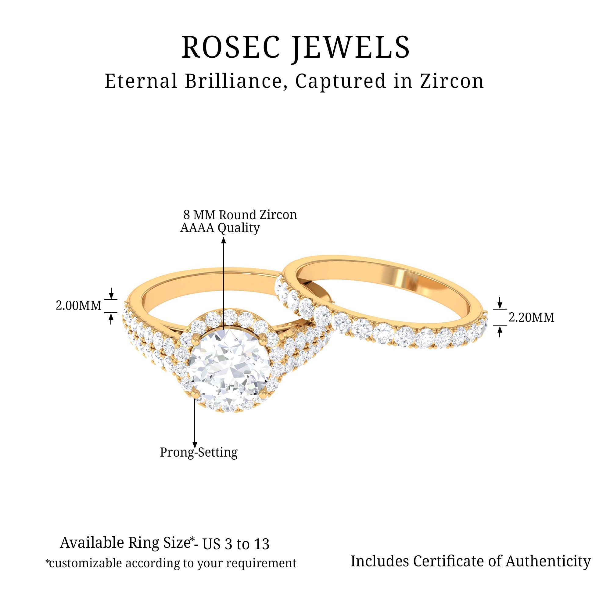 Cubic Zirconia Bridal Ring Set with Stackable Band Zircon - ( AAAA ) - Quality - Rosec Jewels