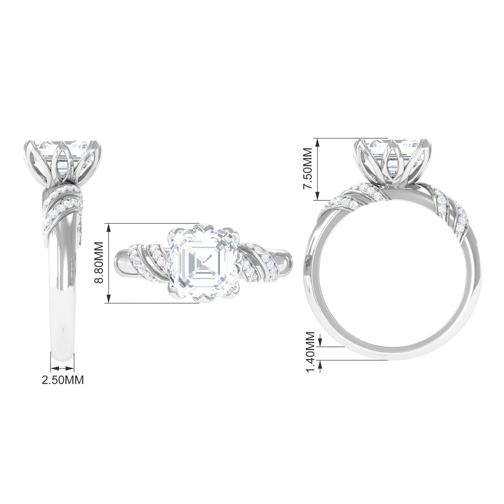 3.5 CT Asscher Zircon Designer Solitaire Engagement Ring in Petal Prong Setting Zircon - ( AAAA ) - Quality - Rosec Jewels