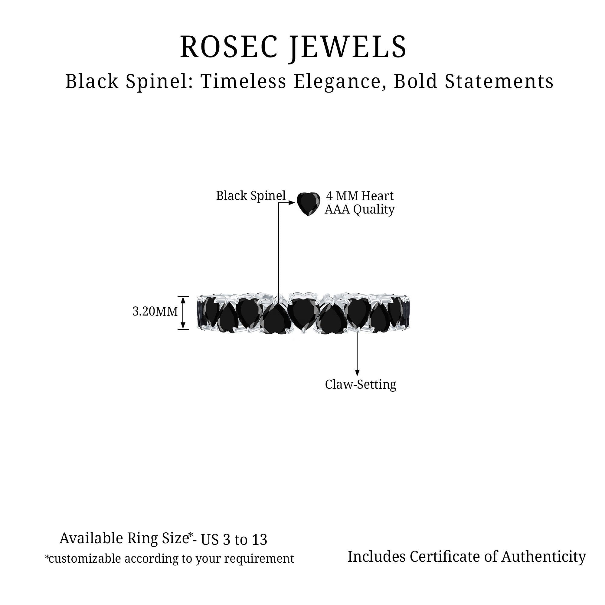 Claw Set Heart Shape Black Spinel Eternity Band Ring Black Spinel - ( AAA ) - Quality - Rosec Jewels