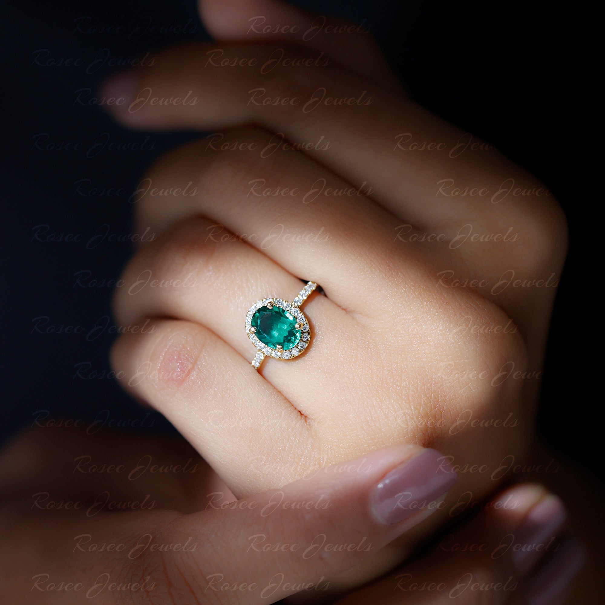 Created Emerald Classic Engagement Ring With Diamond Halo Lab Created Emerald - ( AAAA ) - Quality - Rosec Jewels