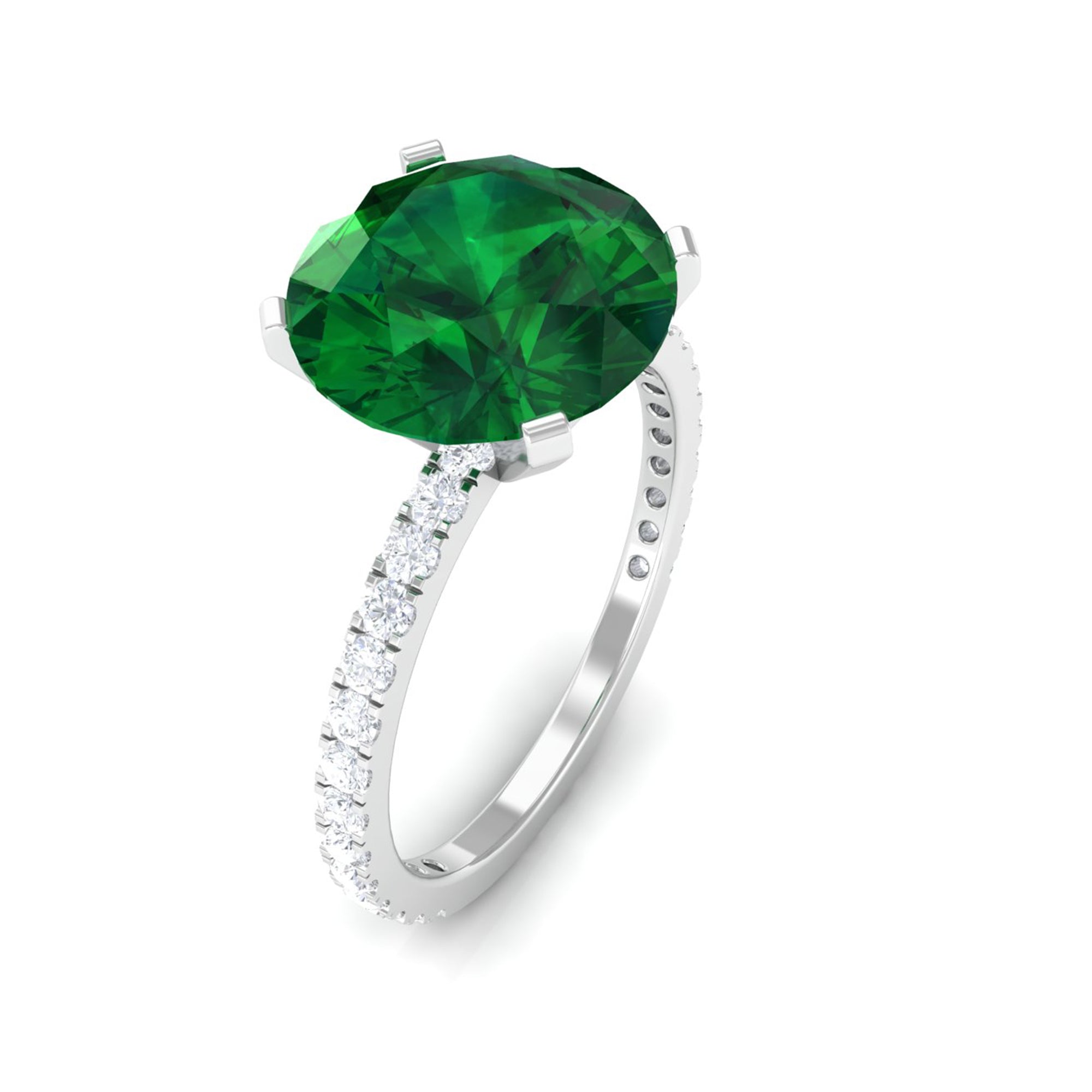 10 MM Round Created Emerald Solitaire Engagement Ring with Diamond Lab Created Emerald - ( AAAA ) - Quality - Rosec Jewels