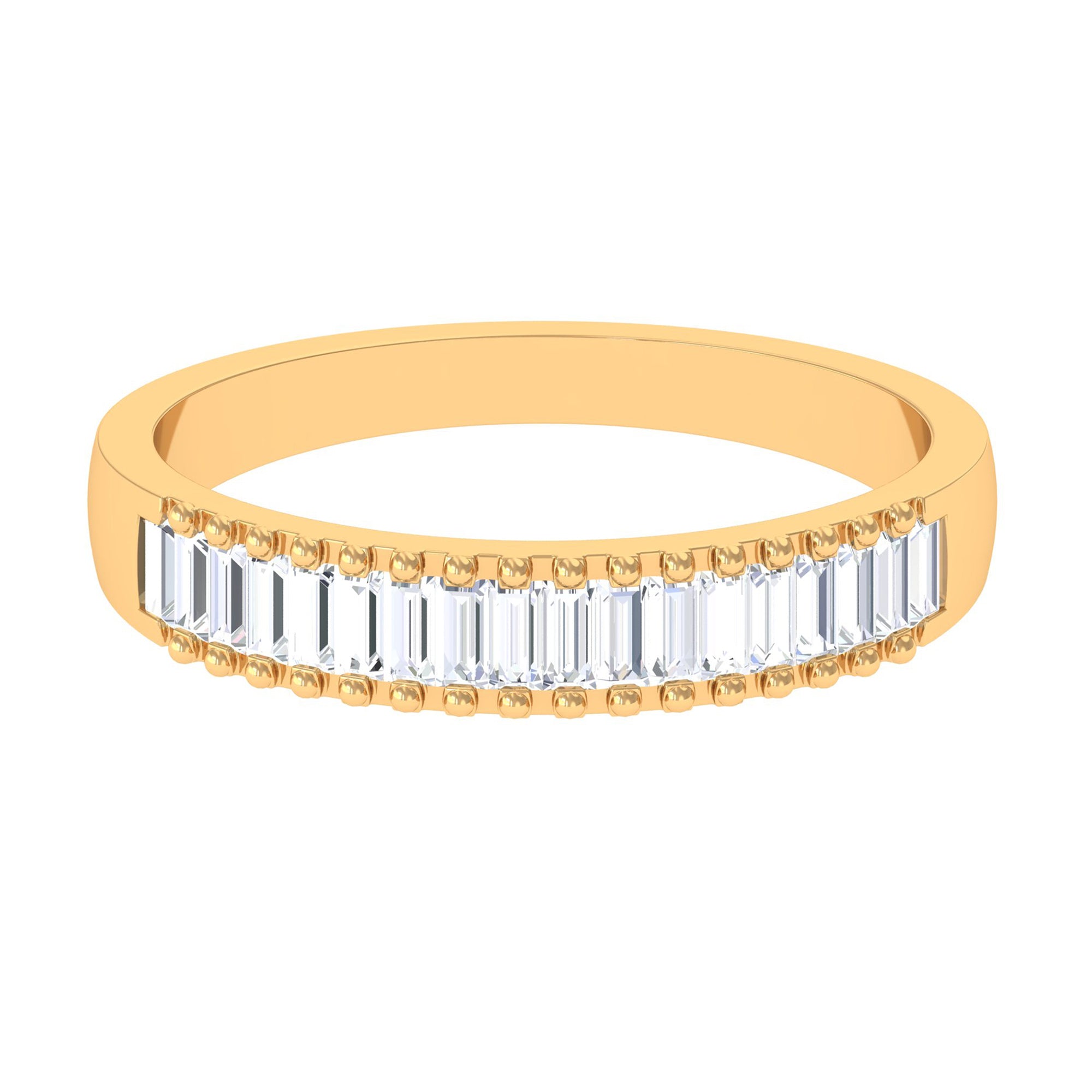 Baguette Cut Zircon Minimal Half Eternity Ring with Gold Beaded Zircon - ( AAAA ) - Quality - Rosec Jewels