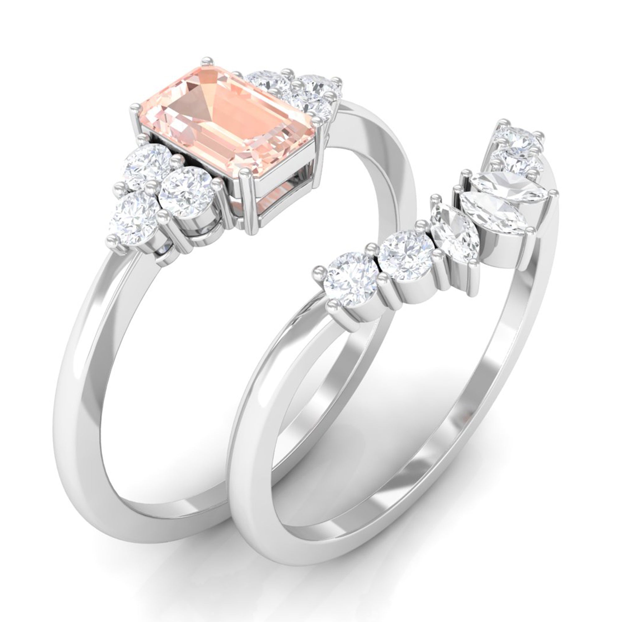 Emerald Cut Morganite Solitaire Stackable Ring Set with Diamond Morganite - ( AAA ) - Quality - Rosec Jewels