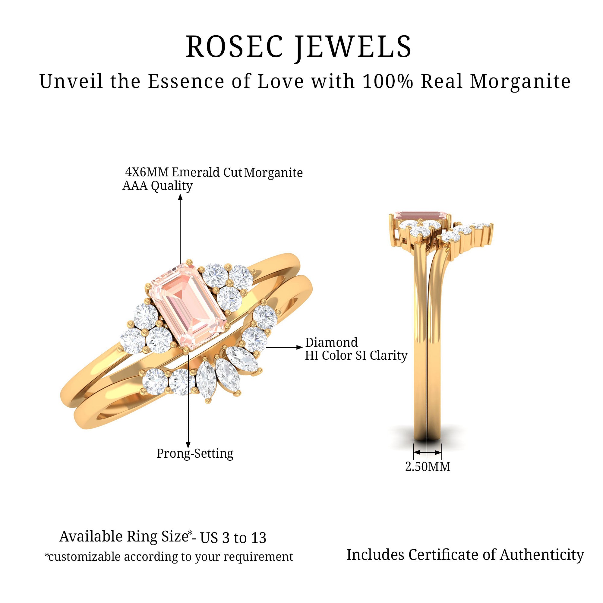 Emerald Cut Morganite Solitaire Stackable Ring Set with Diamond Morganite - ( AAA ) - Quality - Rosec Jewels